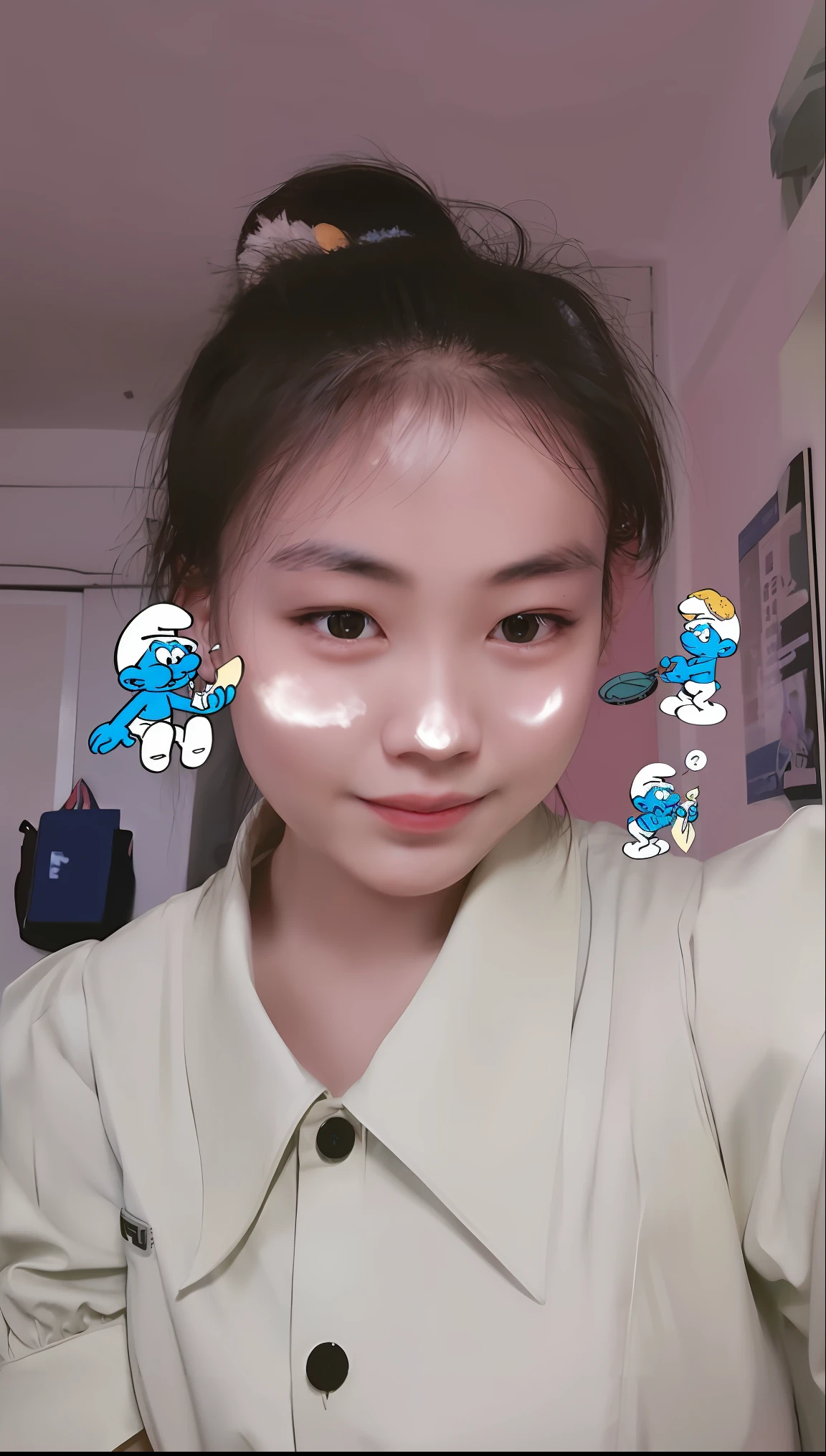 Blue-haired girl, Female Smurfs, Sky blue skin with a halo, Wear blue earrings, Young cute asian face, Moe face.