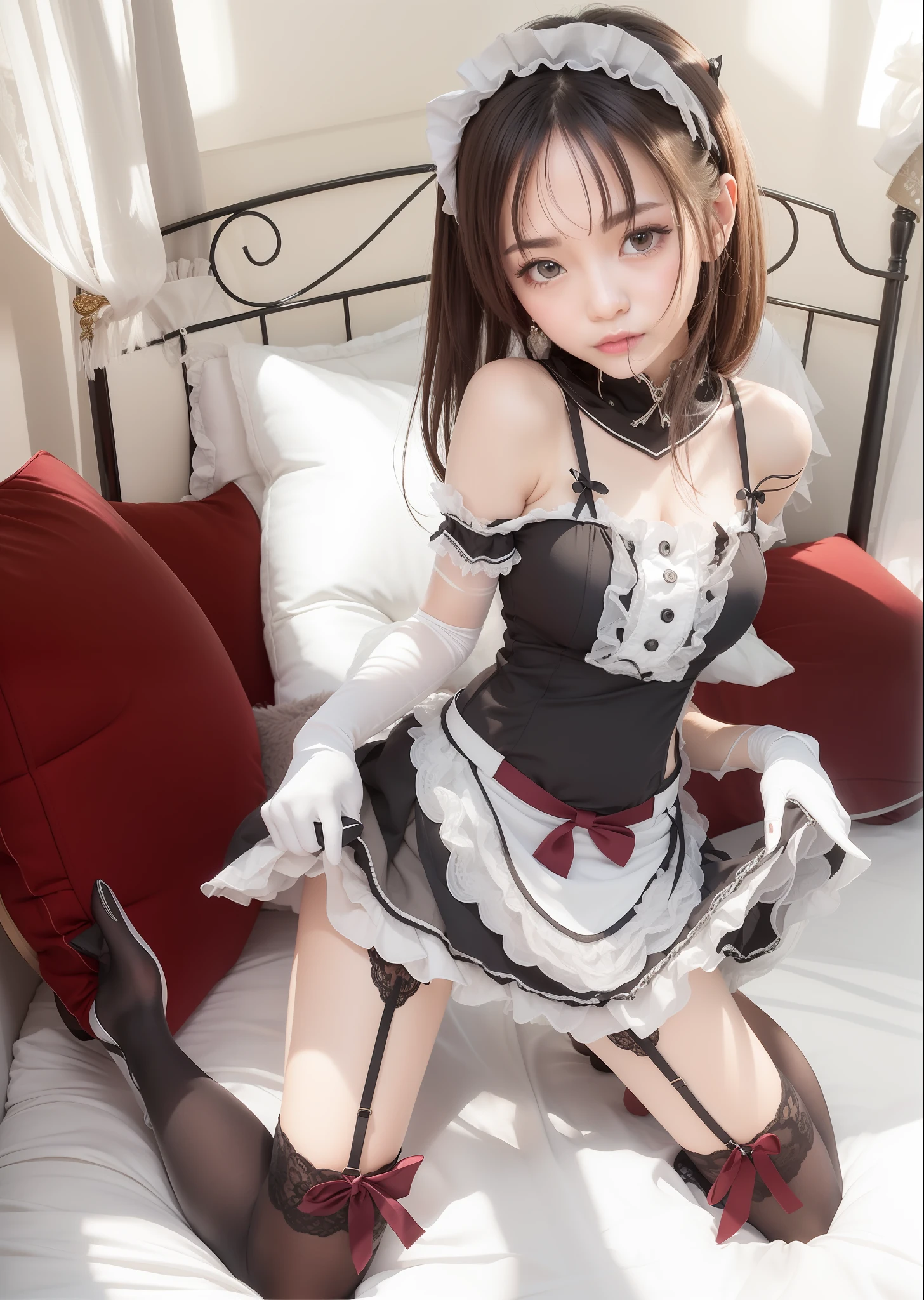 the maid outfit，white long gloves，black pantyhoses，oriental girl