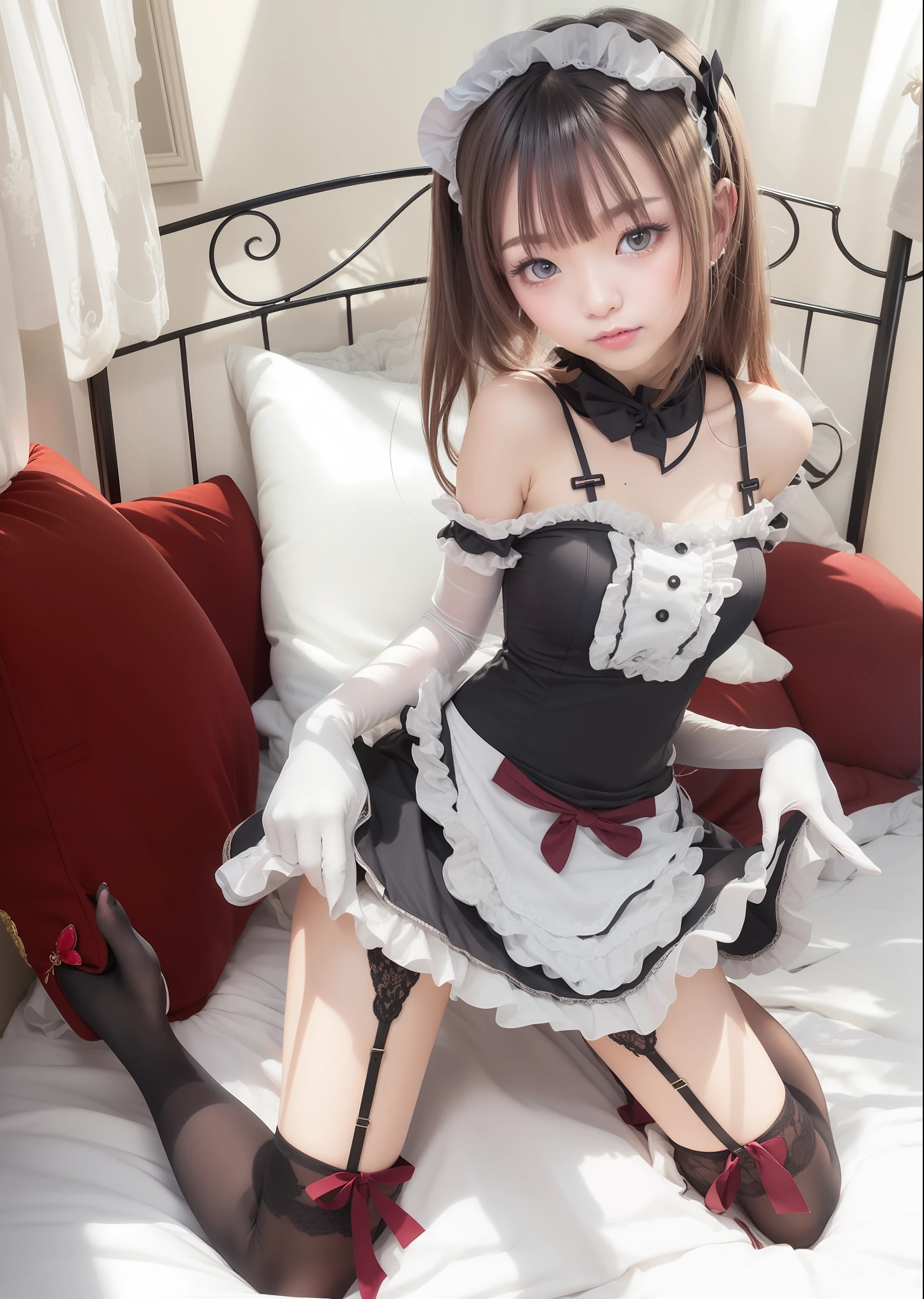 the maid outfit，white long gloves，black pantyhoses，oriental girl