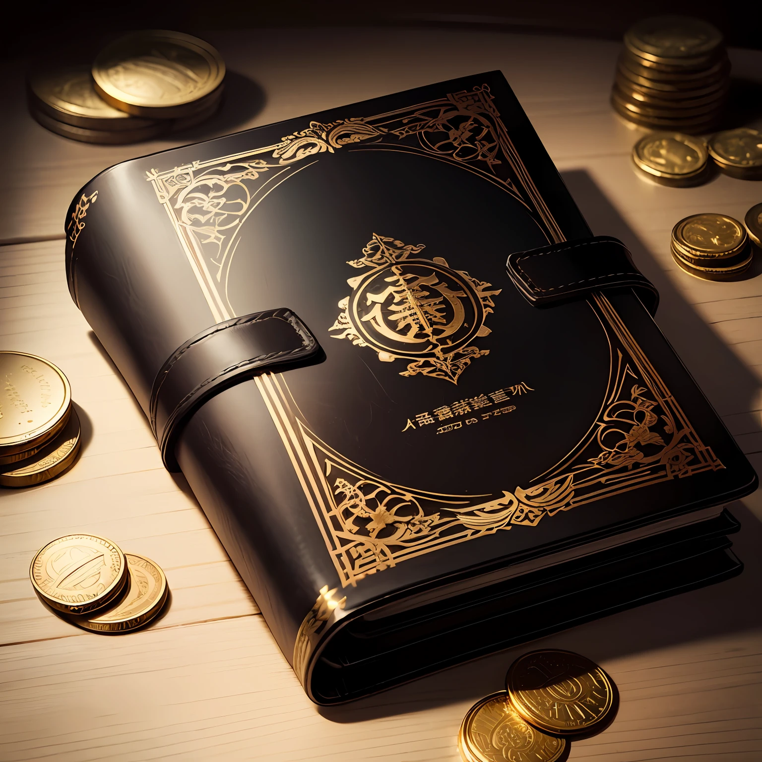 A leather notebook is placed on a pile of golden coins、On its cover「A story book for the rich」The letters are engraved with embossing。Black background、It expresses an elegant and luxurious atmosphere.。 --auto