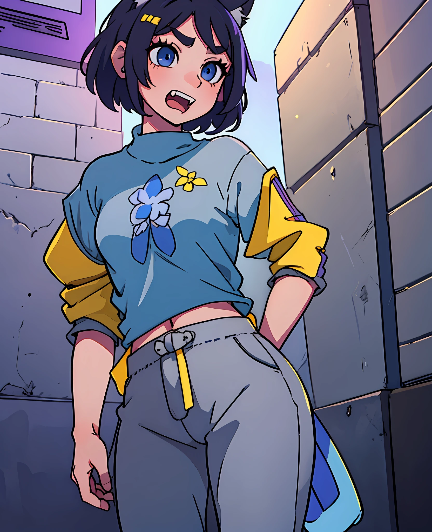 Anime, girl, woman, short black hair, grey fox ears, purple clip in the front of the hair, blue eyes, in the mouth the fang on the left side stands out, a grey fox tail with a white tip, thin body without much chest, cold blouse, blue sleeves and the rest grey, yellow shirt, legging trousers --auto --s2