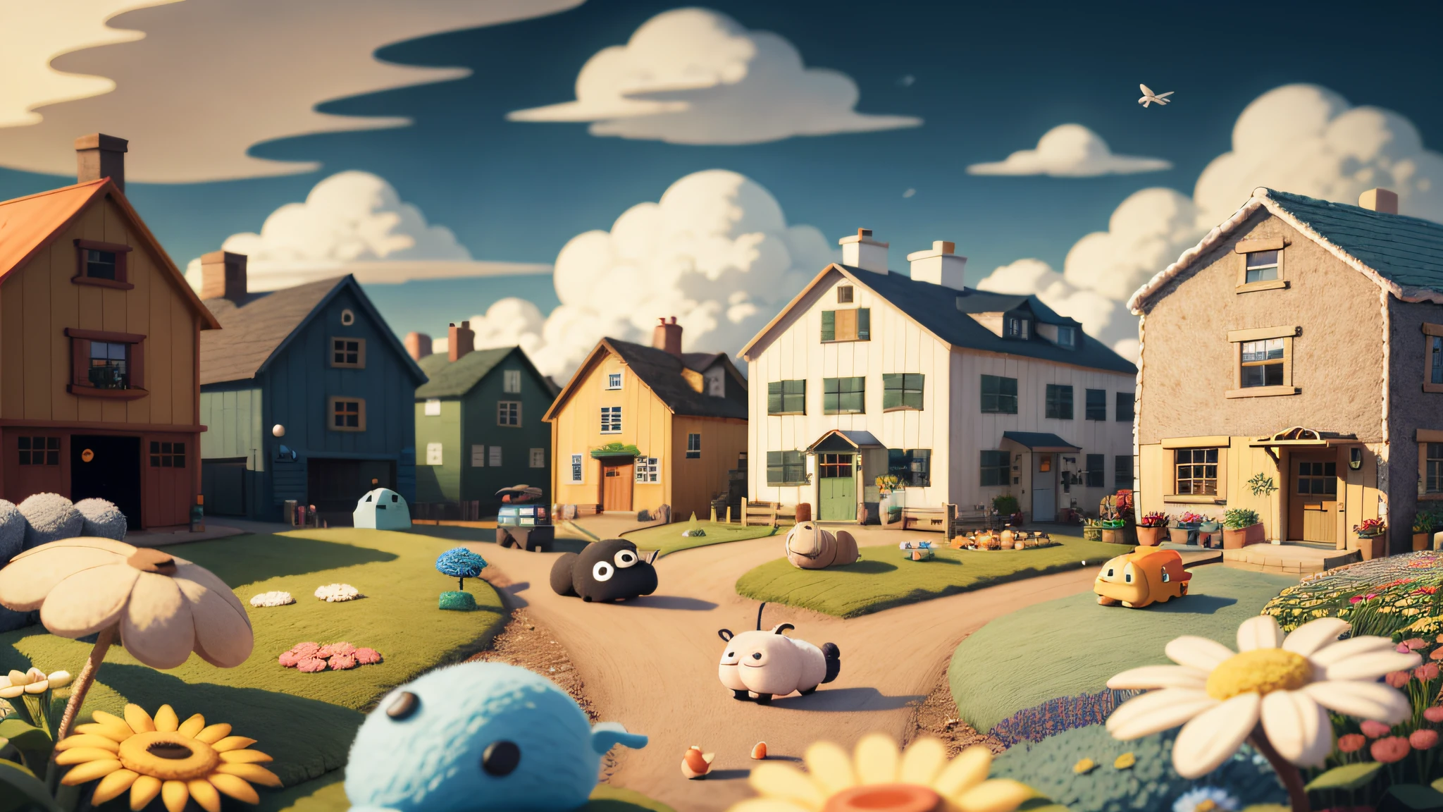 cute world of wool felt，wool knitted fabric，Cartoony，A snail，farms，barrack，warehouses，Flower shop，super adorable，masterful lighting，volumetr，Jon Klassen，In Studio Ghibli style，tiltshift，80mm lens，largeaperture，3D，Blander，tmasterpiece，super detailing，best qualtiy， --v6