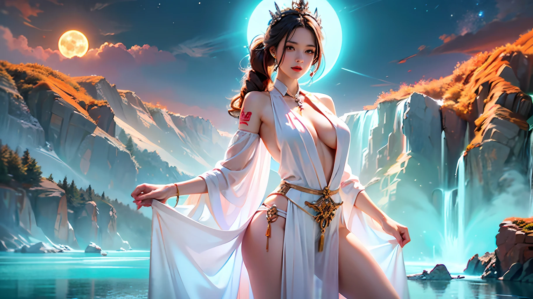 ultra-wide-angle,full depth of fields,The first thing shown in the picture is Lora's beautiful K-cup teardrop-shaped giant tit chest,Lora beauty wears a gorgeous transparent gauze robe that is half-dressed and half-off,Let Lora's beautiful female super sexy body with obvious characteristics is particularly irritating,Lora's beauty has dreamy pupils in her huge Kaziran eyes,Lora's small and delicate nose is delicate and straight, and her seductive little red lips make her face beautiful,Lora beauty has a slender neck like a swan, with smooth shoulders and beauty collarbones,Lora's beauty's fair and seductive arms swayed gently,Lora beauty is ergonomic and physiologically normal on beautiful hands,Wear gloves with transparent mesh silk thread,Has cool manicures,Wearing a gorgeous ring,Lora beauty has a gourd-shaped body,No fat funnel-shaped waist,Vest line with delicate lines,Sexy buttocks with butterfly cross,A pair of super slender, rounded and toned legs,Stepping on a pair of slender jade feet,Above the colorful hair of the Lora beauty is a halo crown,Lora beautiful women have tattoos with gorgeous colorful patterns on their bodies,Trinkets jewelry adorn Lora's beauty all over,Behind the beauty of LoRa is the river of stars from far and near and from top to bottom, the aurora meteor storm, the clear sky, the bright moon, the rising moon in the distant mountains, the snow tops of the Han sea, the blue ice falls, the cherry blossoms are far away from the noisy city, and the ship is full of neons,Because of these fantastic scenery, Lora beauty has a pleasant smile that makes people think about it,Use Midjourney's advanced brush tools and experiment with different color palettes and strokes to show and improve clarity,Embodies the sexy qualities of Lora beauty beyond dreamy realism。Use Midjourney's advanced brush tools and experiment with different color palettes and strokes, as well as texture tools to show and enhance the charm and passion of your scene,The magnifice