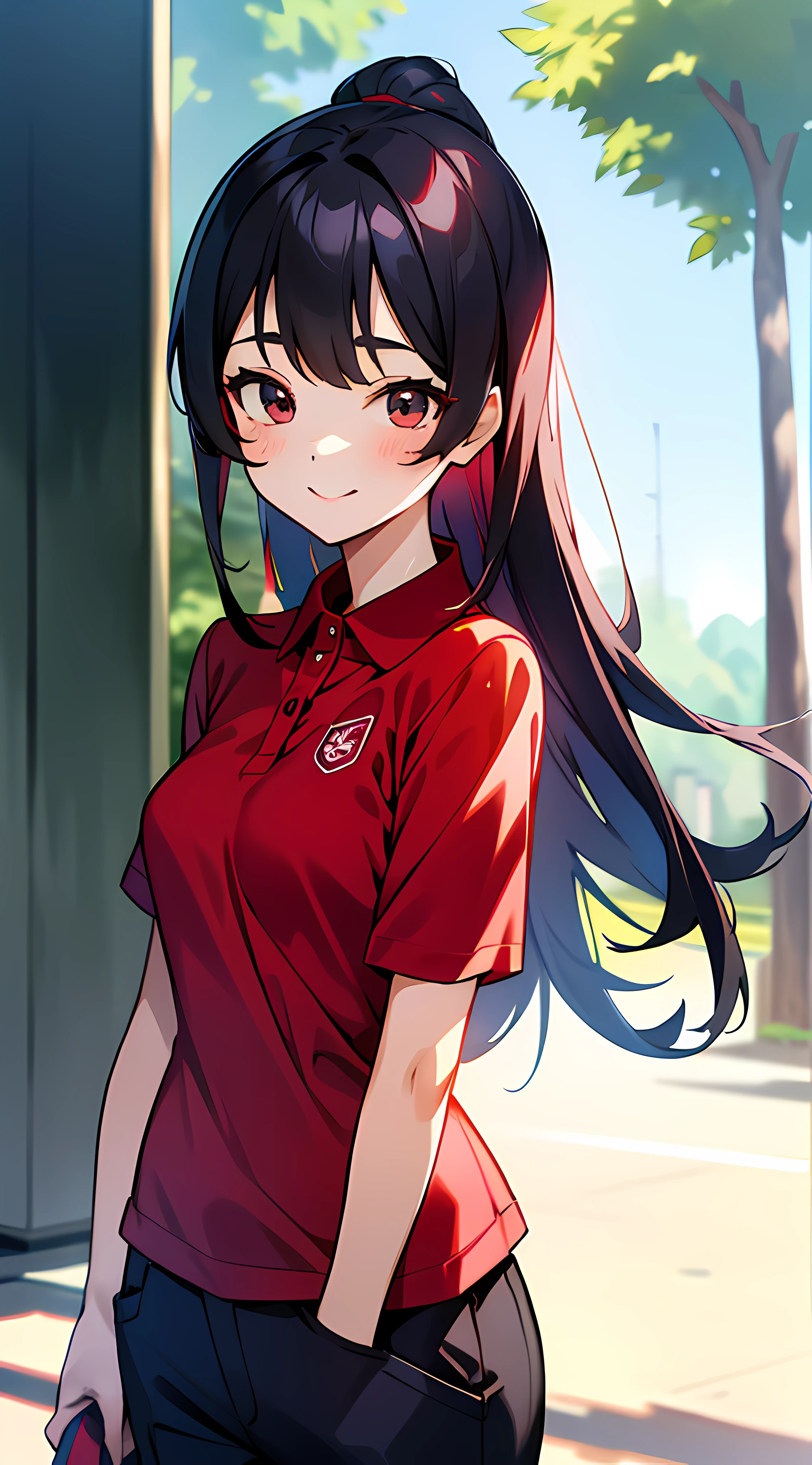 masuter piece, 独奏, red polo shirt, Beautiful girl with a refreshing smile, red polo shirt, Beautiful sunlight, Fine expression, dynamic ungle, Beautuful Women, Background in the city, Stand up straight,animesque