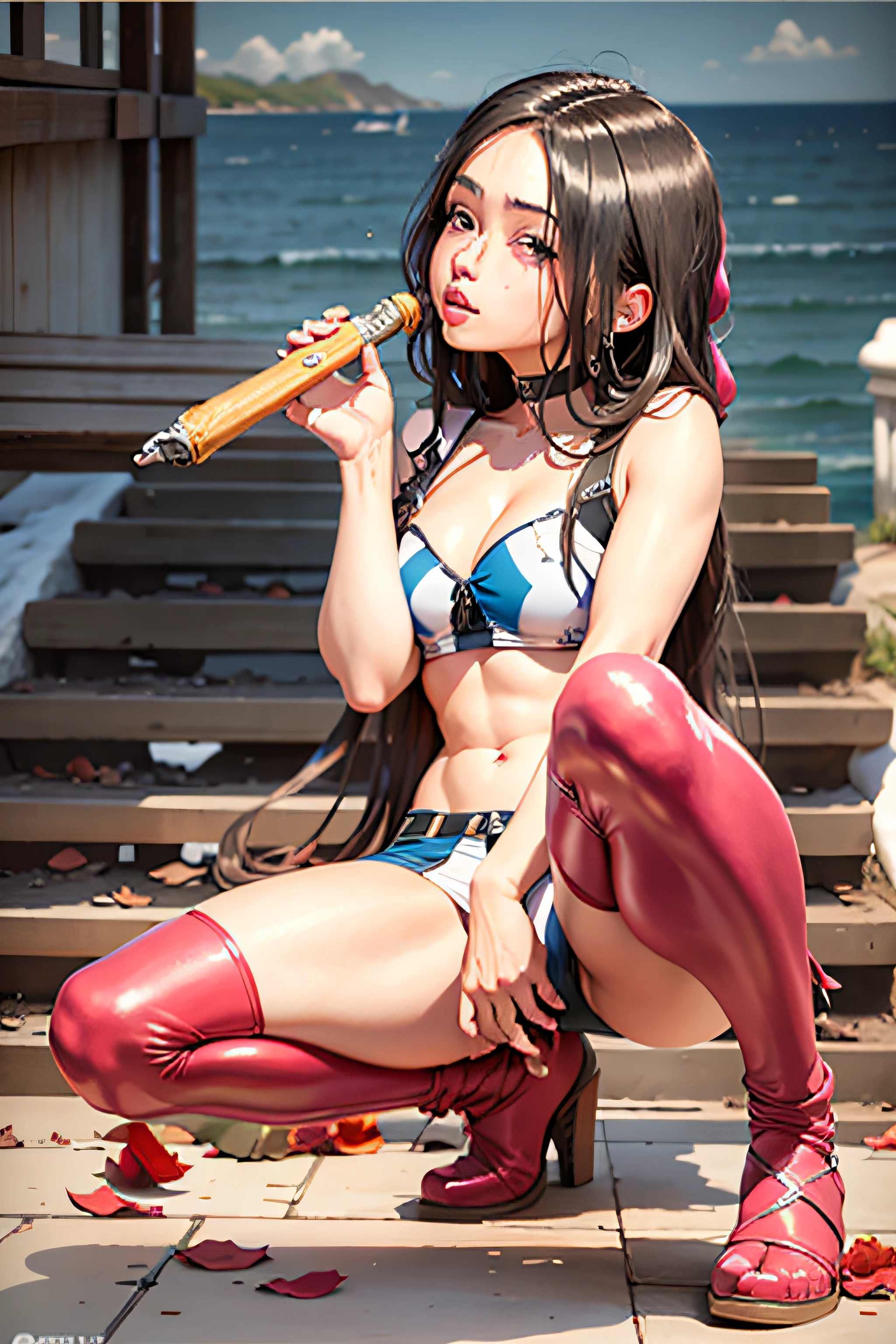 Pronst  (Obra maestra:1.2, La mejor calidad:1.2, Beautiful, alta calidad, Altas Resoluciones:1.1, aesthetic), Detallado, extremadamente detallado, soft ambient lighting, 4k, ojos perfectos, Cara perfecta, Perfect lighting, 1girl, Alternate breast size, Cabello largo y negro, senos, resplandeciente, ojos brillantes, pelo entre los ojos, senos medianos, labios, Cabello largo, Mirando al espectador, en la parte posterior, labios separados, regordete, Ojos de diamante azul, Blue eyes of the ocean, solamente, senos medianos, Brazos a los lados, (Tema azul),verano, DESIERTO, nubes rosadas, A land covered with roses meets beautiful girl, James Gurney, rendered art station, lente ultra gran angular, Hi-Def, (papel tapiz CG unidad 8k extremadamente detallado, obra maestra, mejor calidad, ultra detallado), (Better lighting, mejor sombra, una extremadamente delicada y hermosa) 22-year-old girl, una sonrisa brillante en su rostro.  Chica de anime sentada en el suelo con una daga en la mano, seductora chica de anime, Hermosa chica de anime en cuclillas, Estilo julie bell,  Carril Azur, pixiv 3dcg, The anime girl is crouching, [ Arte digital 4k ]!!, Furthermore, MaFurthermore Kitagawa Fanart, Anime Moe Artstyle, Gapmoe Yandere, en pixiv, kantai collection style
