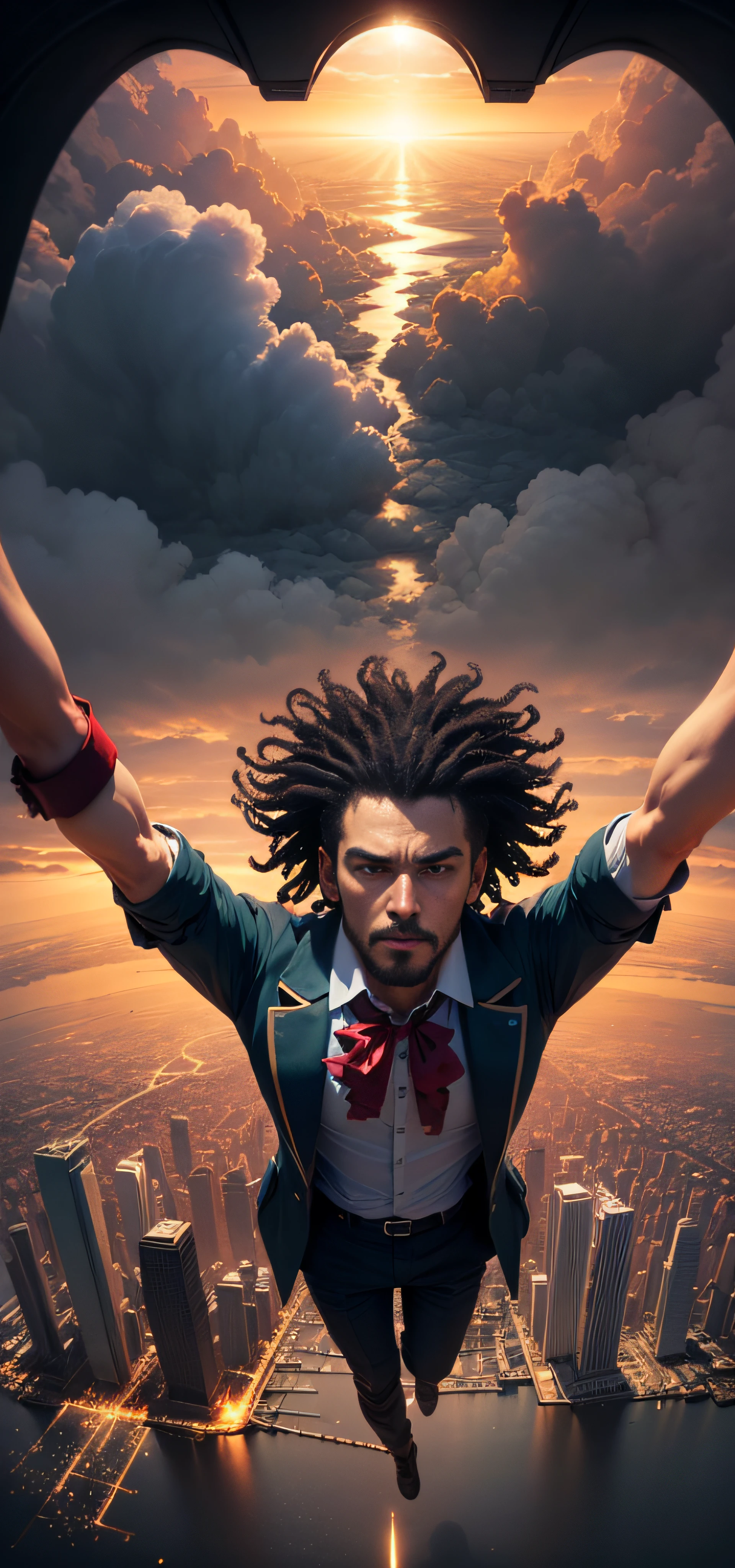 um homem de cabelos enorme, cabelo gigante preto, Flying over the sky, no fundo temos uma cidade vista do alto, The city is on fire, Home is wearing a look inspired by the Mad Hatter character, He's seeing the city from heaven
