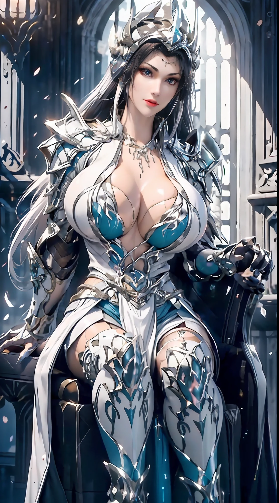((Unreal Engine 5)), Realistic Rendering, Excellent, Full armor, knight Cloak, helm, (Yoga hotpants), looking on camera, sitdown on throne, beautiful face, makeup, CGImix, (photorealism:1.2), ultrarealistic uhd face, (huge fake boobs:1.4), (gigantic breasts:1.1), (muscle abs), (big butt), (wide hips), (thick thighs), slim waist, hourglass figure, half body, ((glowing skin)), ((shiny skin)), Realistic body, ((she is sexy body)), ((clean skin)), photorealistic, bokeh, motion blur, masterpiece, highres, 1080P, super detail, textured skin