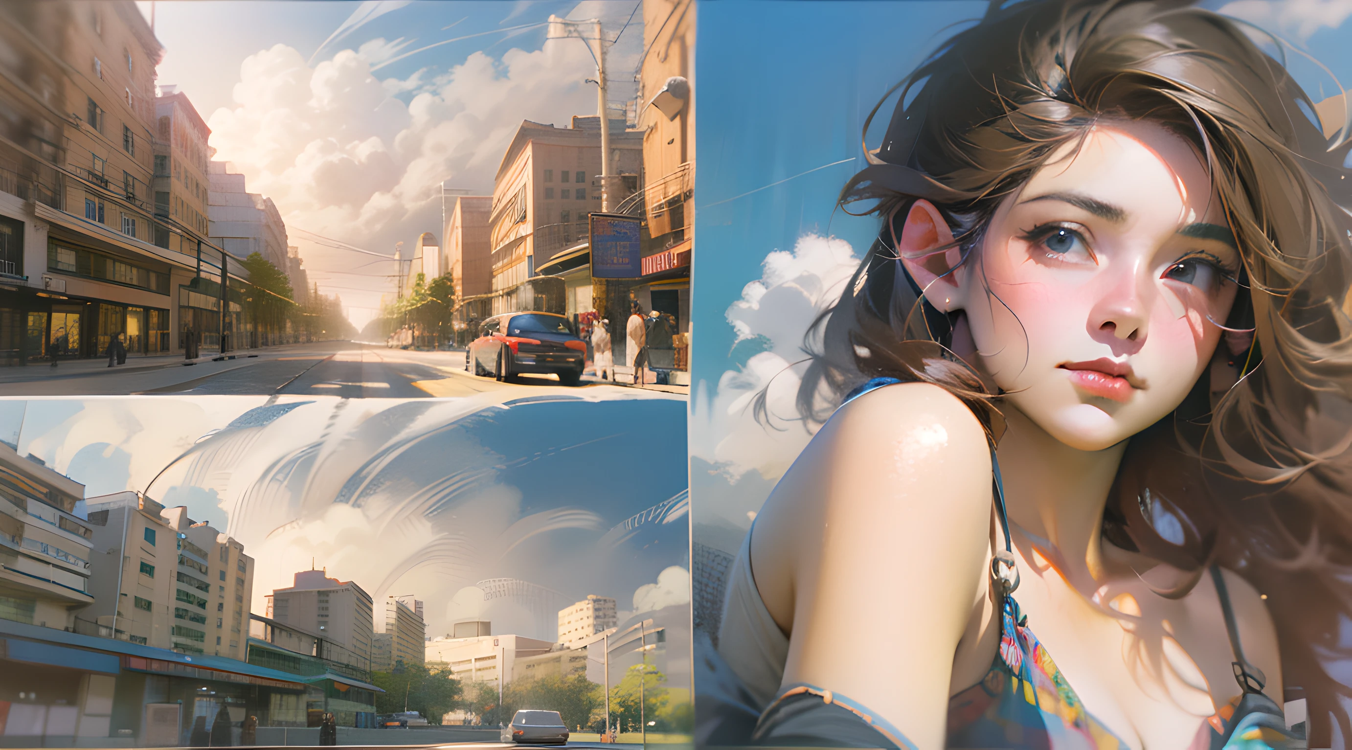 8K，tmasterpiece，Draw more detailed details，Hyperdetailed painting，Hyperdetailed painting，Based on physical rendering，professional，Digital painting，Portrait drawing cartoon，Large-scale background，Blue sky，Brilliant clouds，Distant skyline，wide-open sky，cinematric light，Look in the other direction，Don't look people in the eye，suburb，Beautiful，1girll，on  back，The best beautiful girl，A detailed face