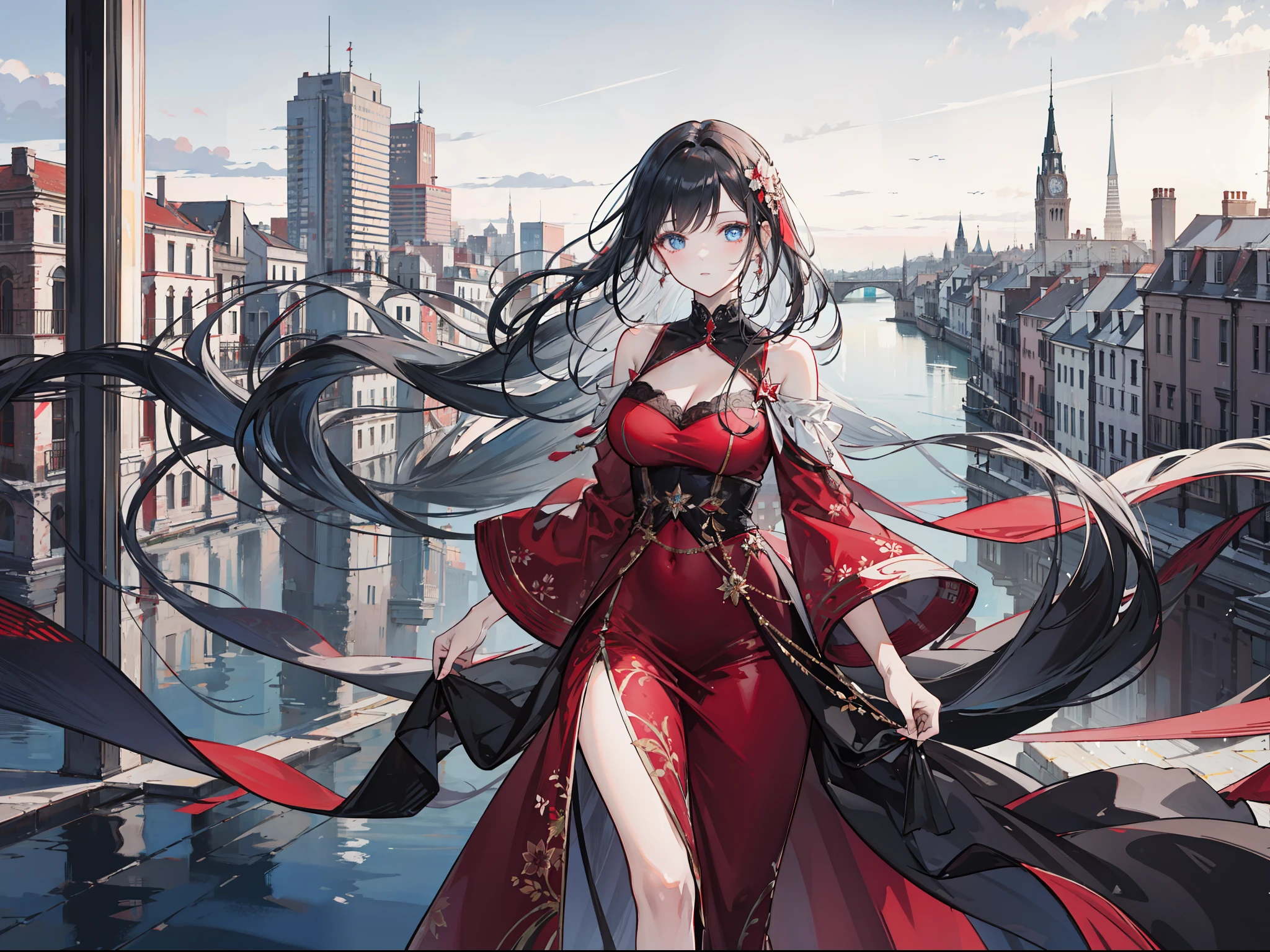 "Beautiful city landscape, exquisite 4k artwork showcasing an elegant lady with mesmerizing black flowing hair, captivating deep blue eyes, and dressed in a stunning red casual attire."