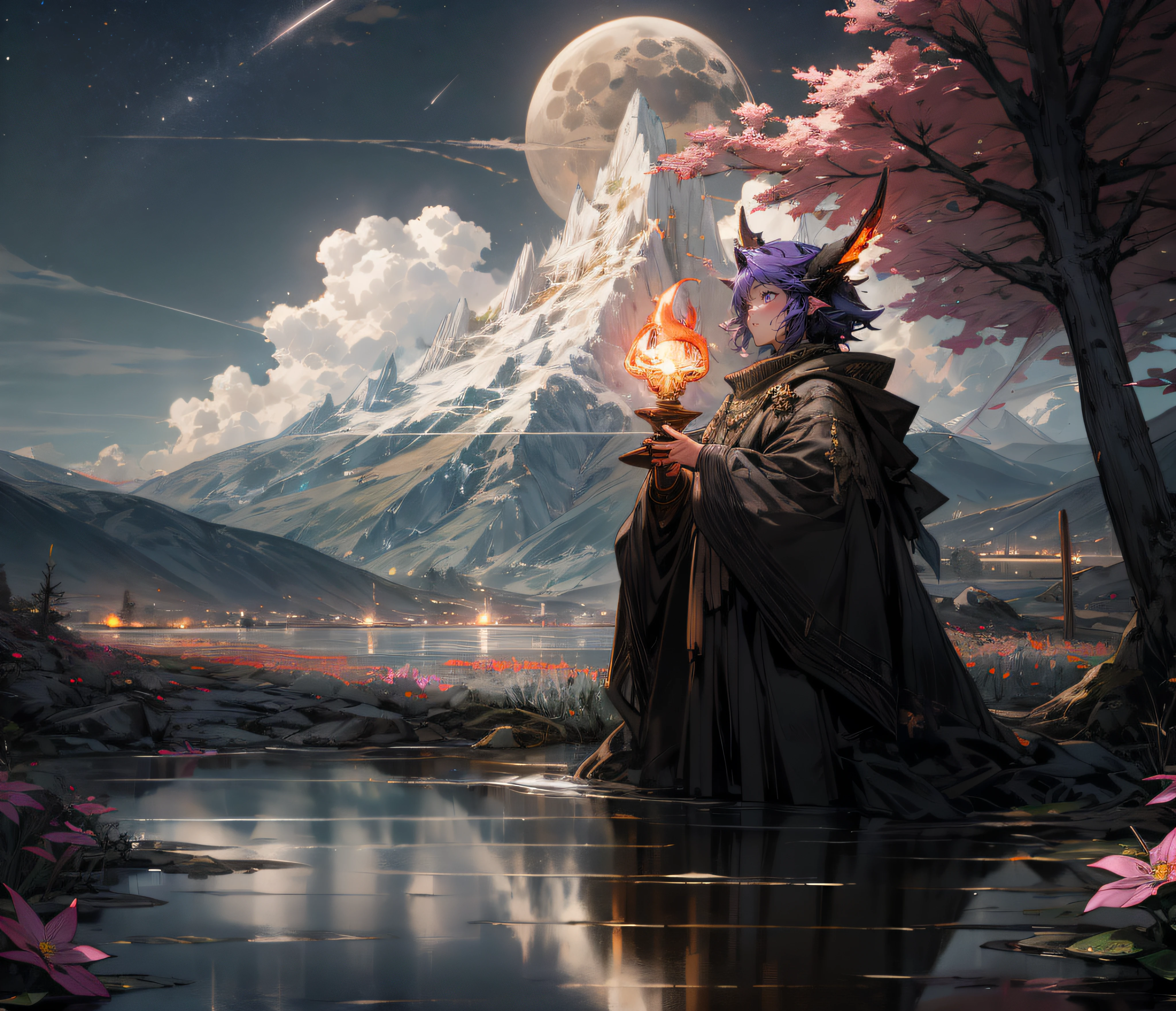 Expansive landscape photograph,(look from down,Above is the sky,In the middle is a planet,Open water below,petals),A beast-eared girl in a sacrificial robe stood on the surface of the water and looked up,Flowers on the surface of the water(moon full:1.2),(meteors:0.9),(Starcloud:1.3),Far Mountain, Tree BREAK making art,(Warm light source:1.2),(glowworm:1.2),Fire,Lots of purple and orange,Complicated details,Volumetriclighting,Realism BREAK(tmasterpiece:1.2),(best qualtiy),4K,Ultra-detailed,(dynamic compositions:1.4),The is very detailed,Colorful details,(Irridescent color:1.2),(luminouslighting,Atmospheric lighting),dream magical,magical,(独奏:1.2)