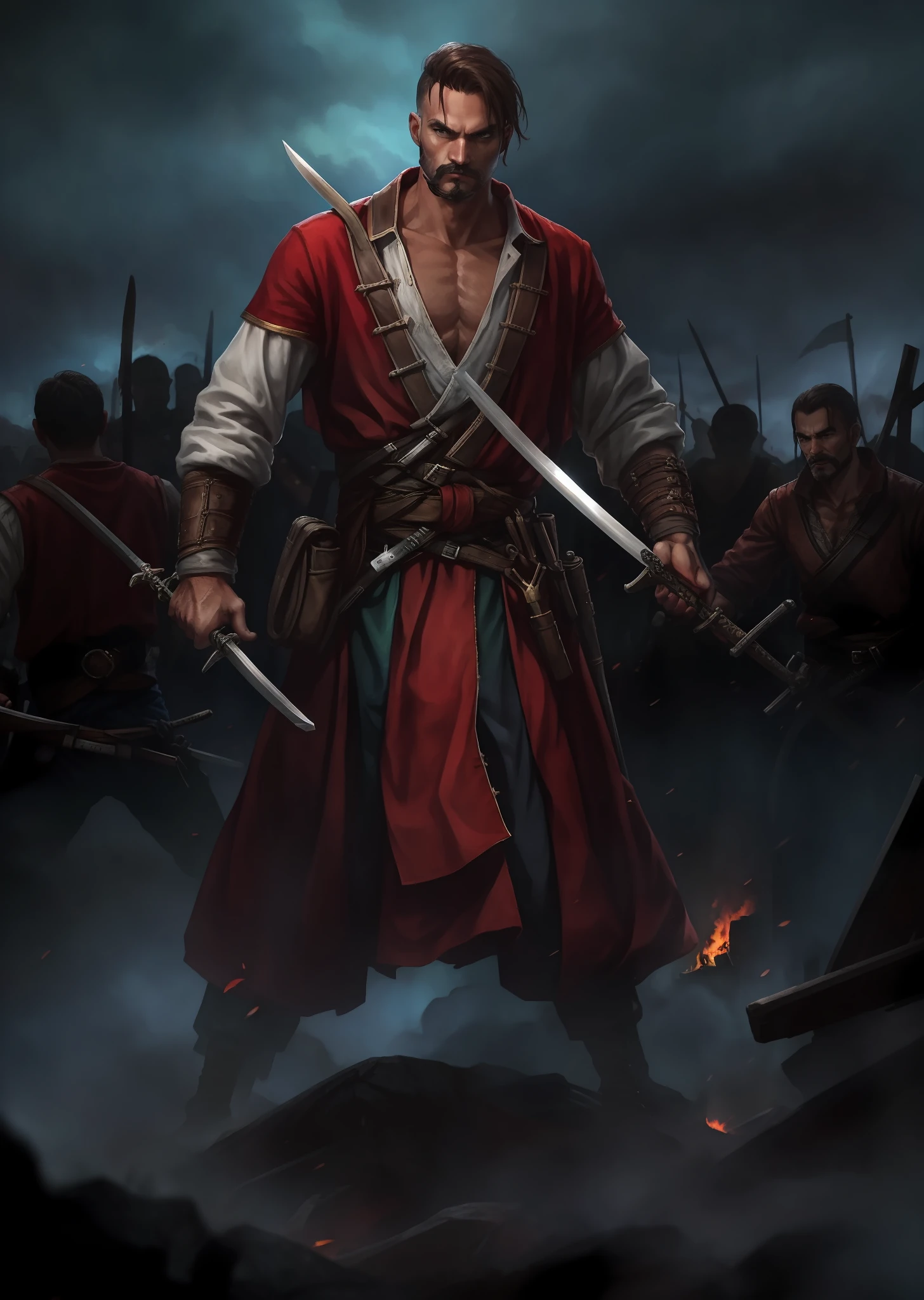 Um pirata velho barbudo, brutal, vestido com armaduras, is majestically on the battlefield, holding his sword in his hand. His powerful muscles and strong physical form reflect his martial prowess and strength. A fire of determination and courage burns in his eyes. He's ready to fight to the end, defendendo seu navio e seus companheiros. Their presence on the battlefield inspires fear in the hearts of enemies and inspiration in the hearts of allies. branco curto