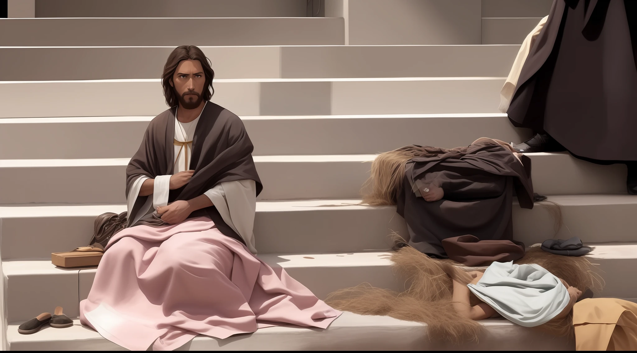There is a man sitting on the steps of a building, Nicodemos, sem-teto, indigente, filme ainda de um cansado, holy man looking down at the ground, Donald Trump como um sem-teto, Implorando, A cena mais bonita, muito ruim, Handsome, manchado", he is all alone, pobreza, jesus of nazareth, Sem-teto qualificado, Rough