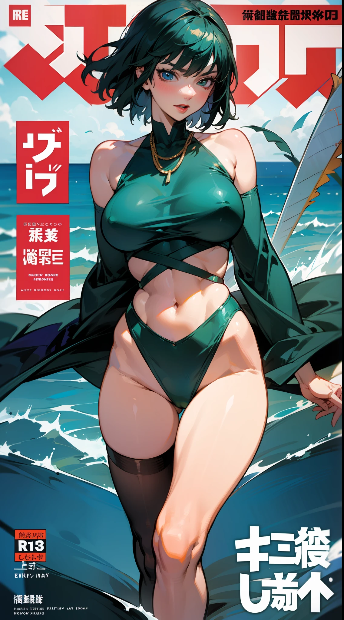 fubuki,busty figure，having fun，cropped shoulders，The middle of the chest is open，The stockings opened several large holes，exposing her chest，Exposing the abdomen，Fleshy thighs，The base of the thighs is soft，Pink underarms，Ocean park，Comic cover style，Comic title,tmasterpiece， High- sharpness， high high quality， 详细的脸， detailed body render