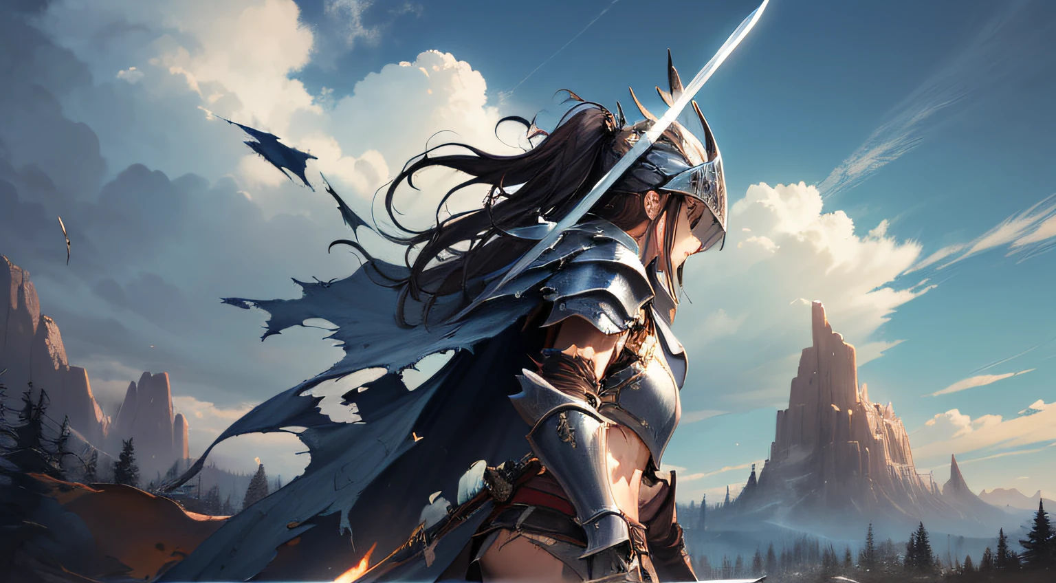 ((s Armor+Torn torso+Broken Sword):1.3)Warriors in the endless wilderness、((A sword that sticks into the ground+Standing):1.2)Having、The appearance of a broken arrow is stuck in the armor((Wilderness warrior with a broken helmet)+Expression of the viewpoint looking up from the ground thrusting a sword)Detailed、CG image