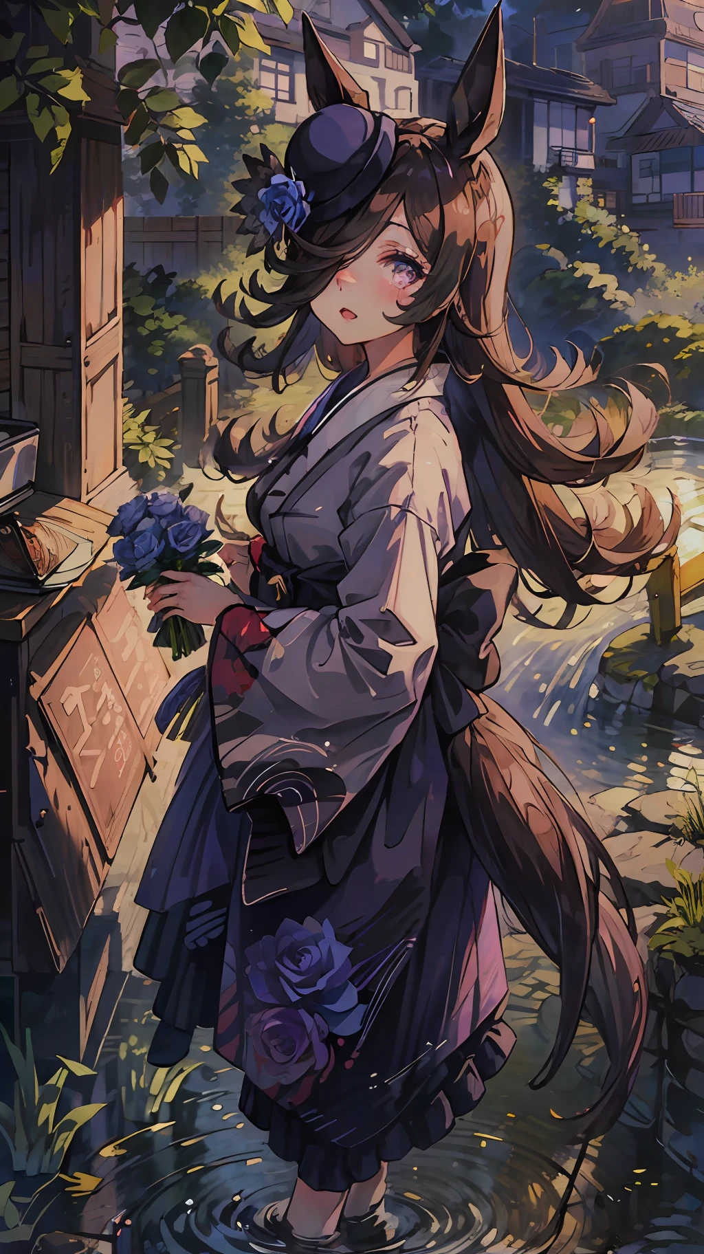 Japan girl princess in white kimono in garden, 1girl in, RiceShower (Umamusume), Solo, Horse tail, Horse ears, Animal ears, tail, komono, Hair over one eye, flower, blue flower, Long hair, Kimono, Horse Girl, Purple eyes, Blue Rose, Moon, Outdoors, Looking at Viewer, blush, Night, Rose,