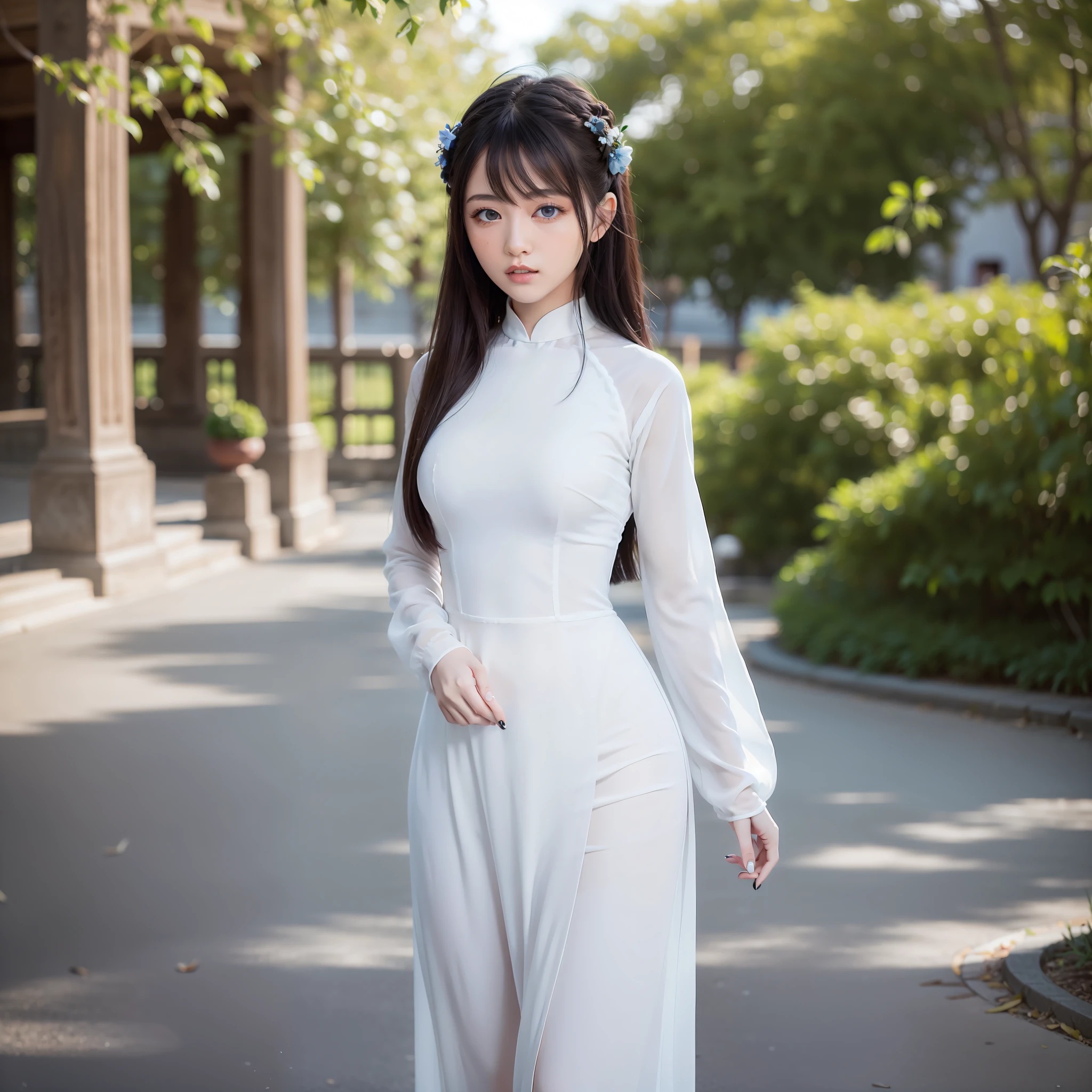 An exquisite masterpiece of a girl wearing a delicate, flowing white aodai, captured in the best quality ultra-detailed CG unity 8k wallpaper. Perfect illumination and shadow work highlights every exquisite detail as she stands in a serene and tranquil setting. The dynamic pose and angle surely commands attention, while her captivating blue eyes and black hair pull you in deeper.