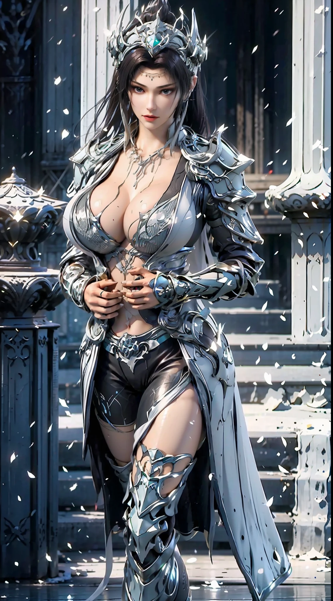 ((Unreal Engine 5)), Realistic Rendering, Excellent, Full armor, knight Cloak, helm, (Yoga hotpants), looking on camera, sexy posing walking down on street, beautiful face, makeup, CGImix, (photorealism:1.2), ultrarealistic uhd face, (huge fake boobs:1.4), (gigantic breasts:1.1), (muscle abs), (big butt), (wide hips), (thick thighs), slim waist, hourglass figure, half body, ((glowing skin)), ((shiny skin)), Realistic body, ((she is sexy body)), ((clean skin)), photorealistic, bokeh, motion blur, masterpiece, highres, 1080P, super detail, textured skin