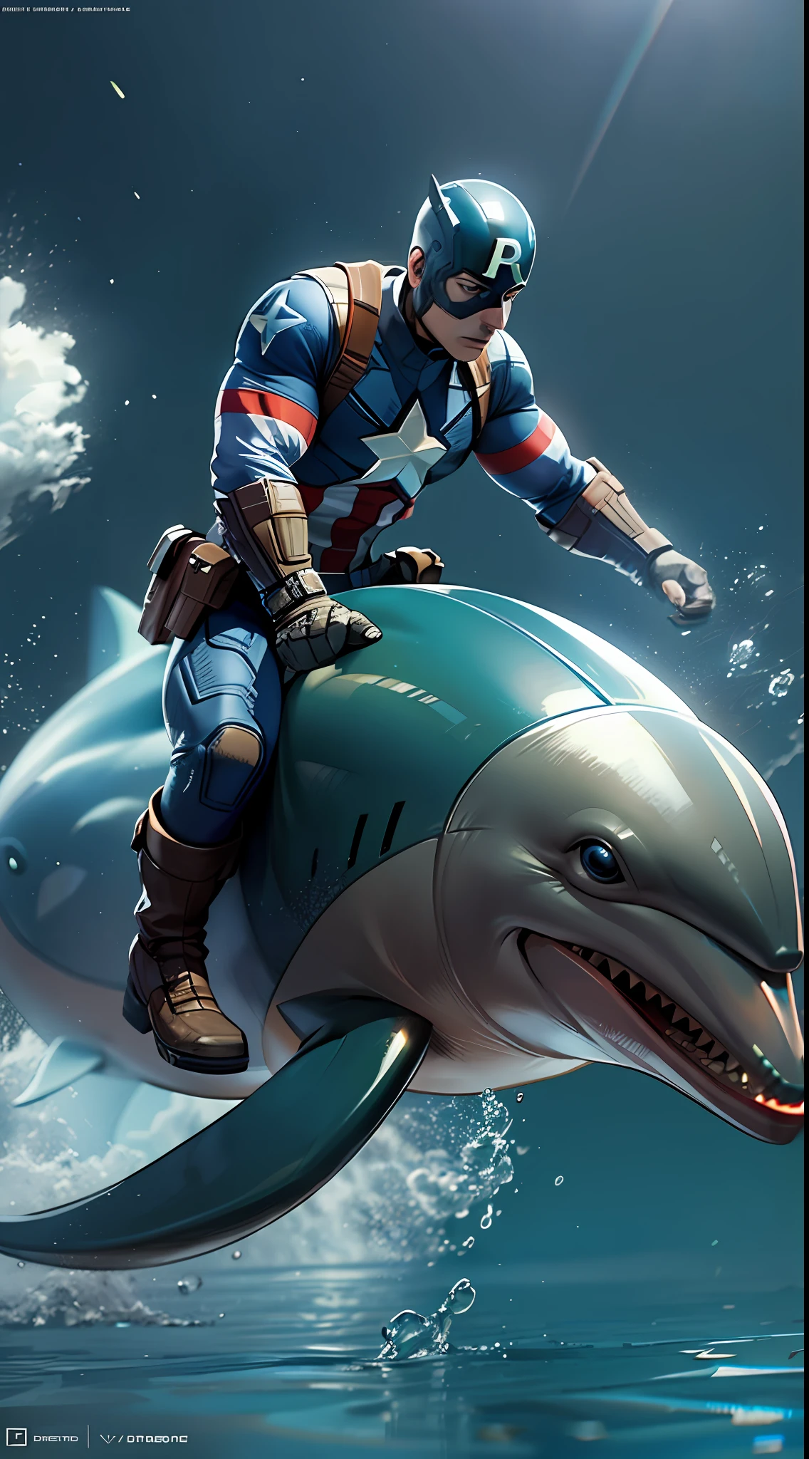 captain america riding dolphin. octane render, unreal engine, highly detailed, intricate