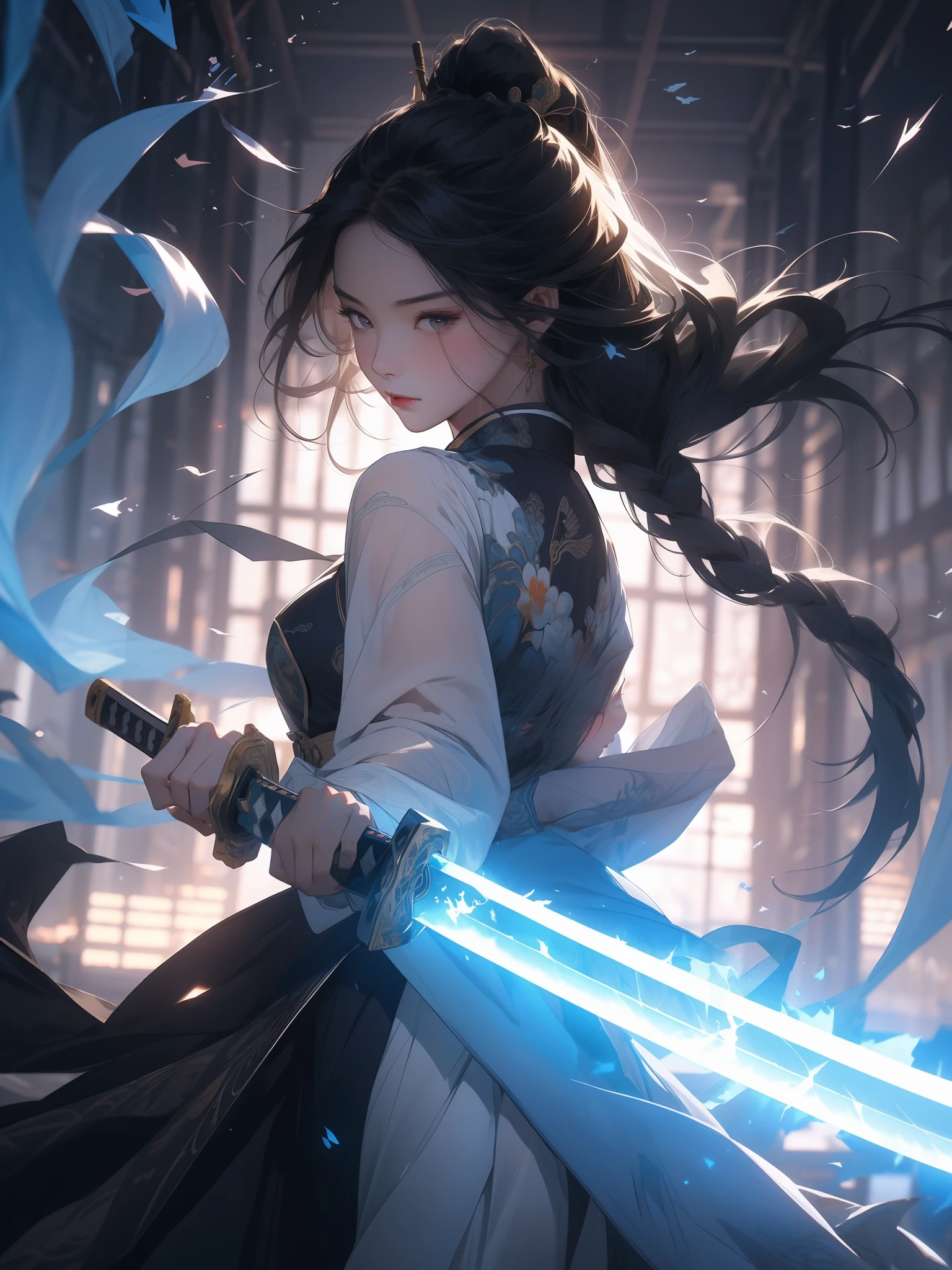 （Fidelity：1.4），Best picture quality， tmasterpiece， Supergianthugebreasts高分辨率，poster for，8K，Fantasyart，动态照明，art  stations，poster for，Volumetriclighting，Very detailed faces，4k wallpapers，Award-Awarded，A girl holding a sword，Black head rope，sliver long hair，long hair flowing，katana swords，With a big sword，Demon Samurai，white  clothes，White tulle coat，Clothes fluttering，Slashing action，black sash，Red sword qi，dynamic viewing angle，Dramatic composition，（Supergianthugebreasts：1.4），Ancient Chinese battlefield background，电影灯光