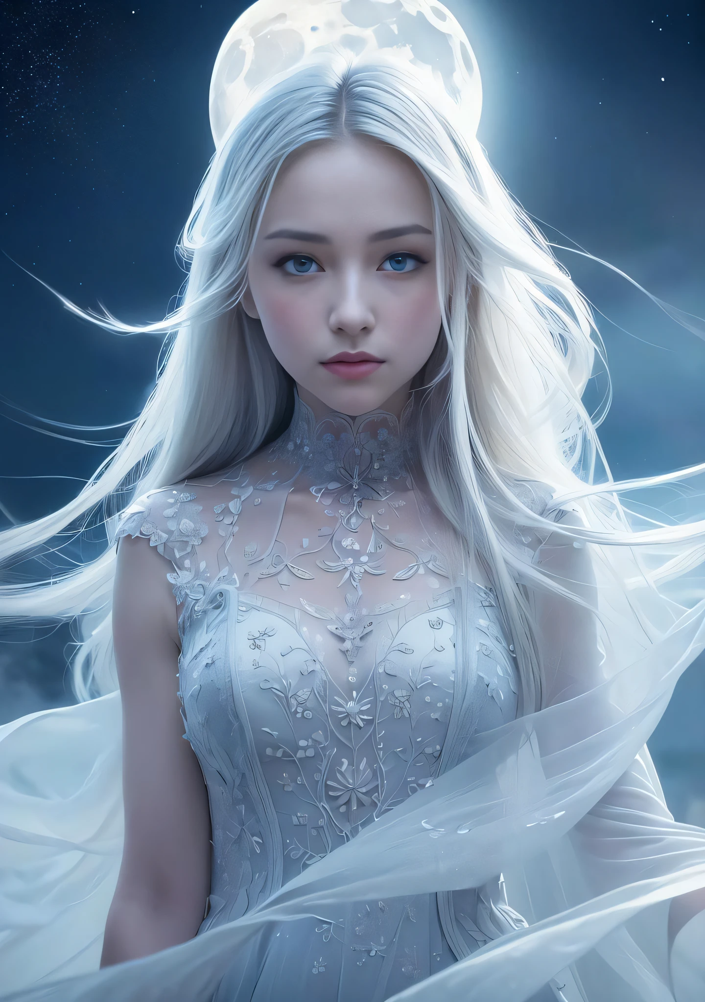 masterpiece, (best quality:1.2), (ultra-detailed:1.2), illustration, (an extremely delicate and beautiful:1.2),cinematic angle,floating, (beautiful detailed eyes:1.1), (detailed light:1.1),cinematic lighting, beautifully detailed sky, women, white hair, blue eyes, (high ponytail:1.1), cloak, glowing eyes, (moon:1.2), (moonlight:1.1), starry sky, (lighting particle:1.1), fog, snow painting, sketch, bloom
