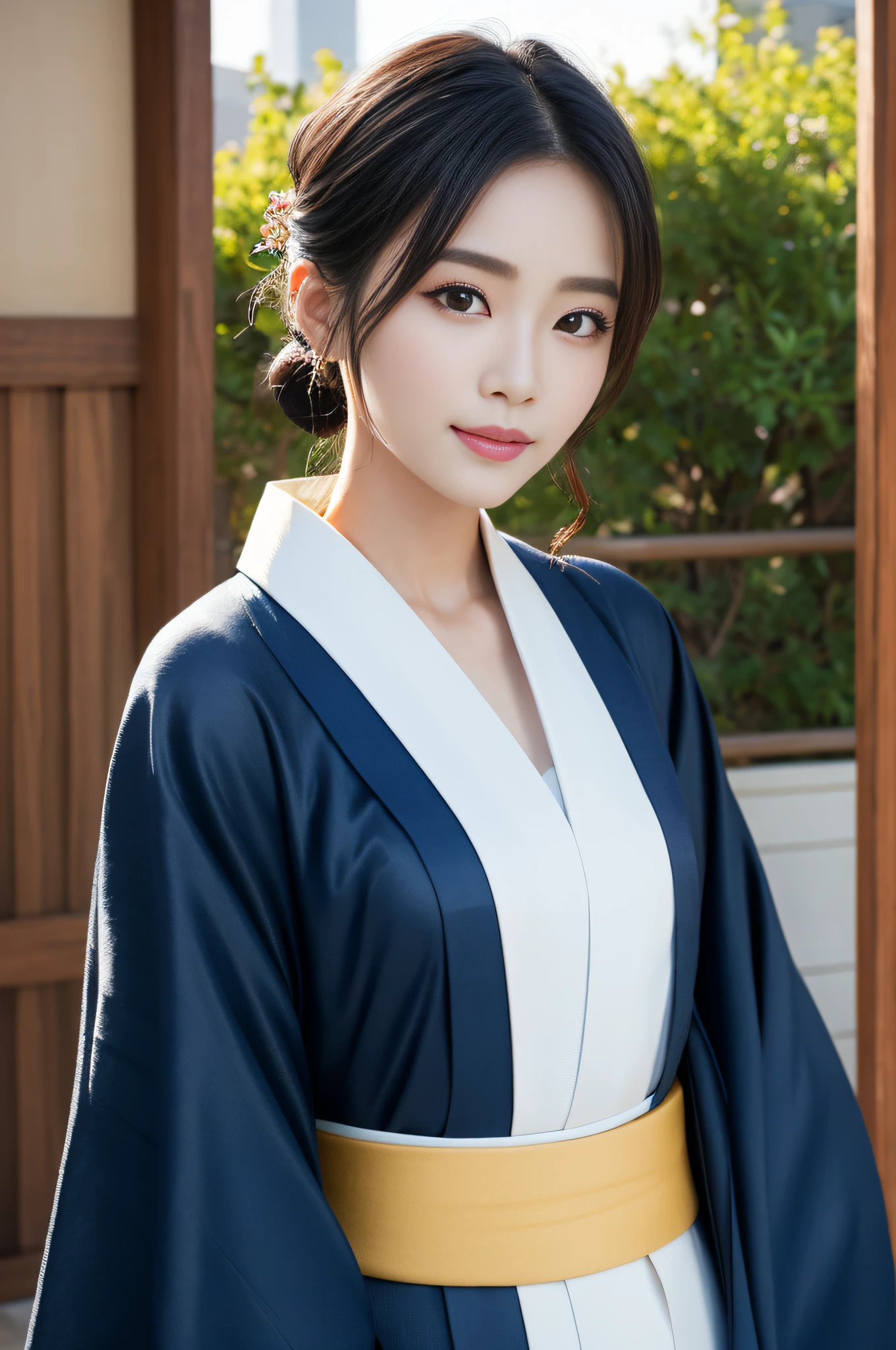 ((top-quality、8k masterpieces:1.3))、foco nítido:1.2、(ultra beautiful faces:1.0)、(Slender Abs Beauty:1.0)、(shinny skin:1.0)、photos realistic、A dark-haired、Video Lighting、High-definition eyes and face、Video Lighting、(cowboy shot:1.3)、(Kimono、Hakama、Obi:1.4)、(Korean Cute Actress)、Traditional kimono、from the front side、medium large breasts、A slight smile
