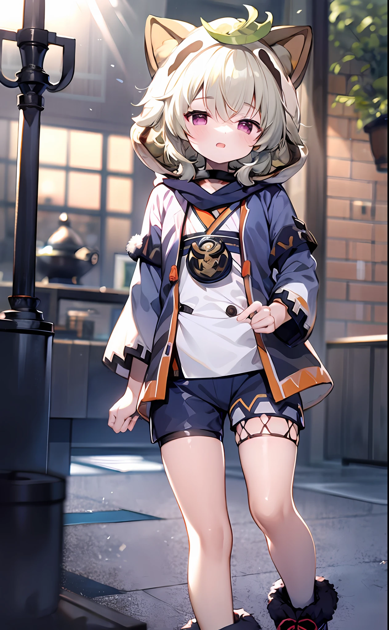 Navy blue sleeves,Shota,Furry,Cute,Lovely,Orange fur,Gray hoodie,Gray shorts,warm lights,Daytime,fantastic shadow sunshine