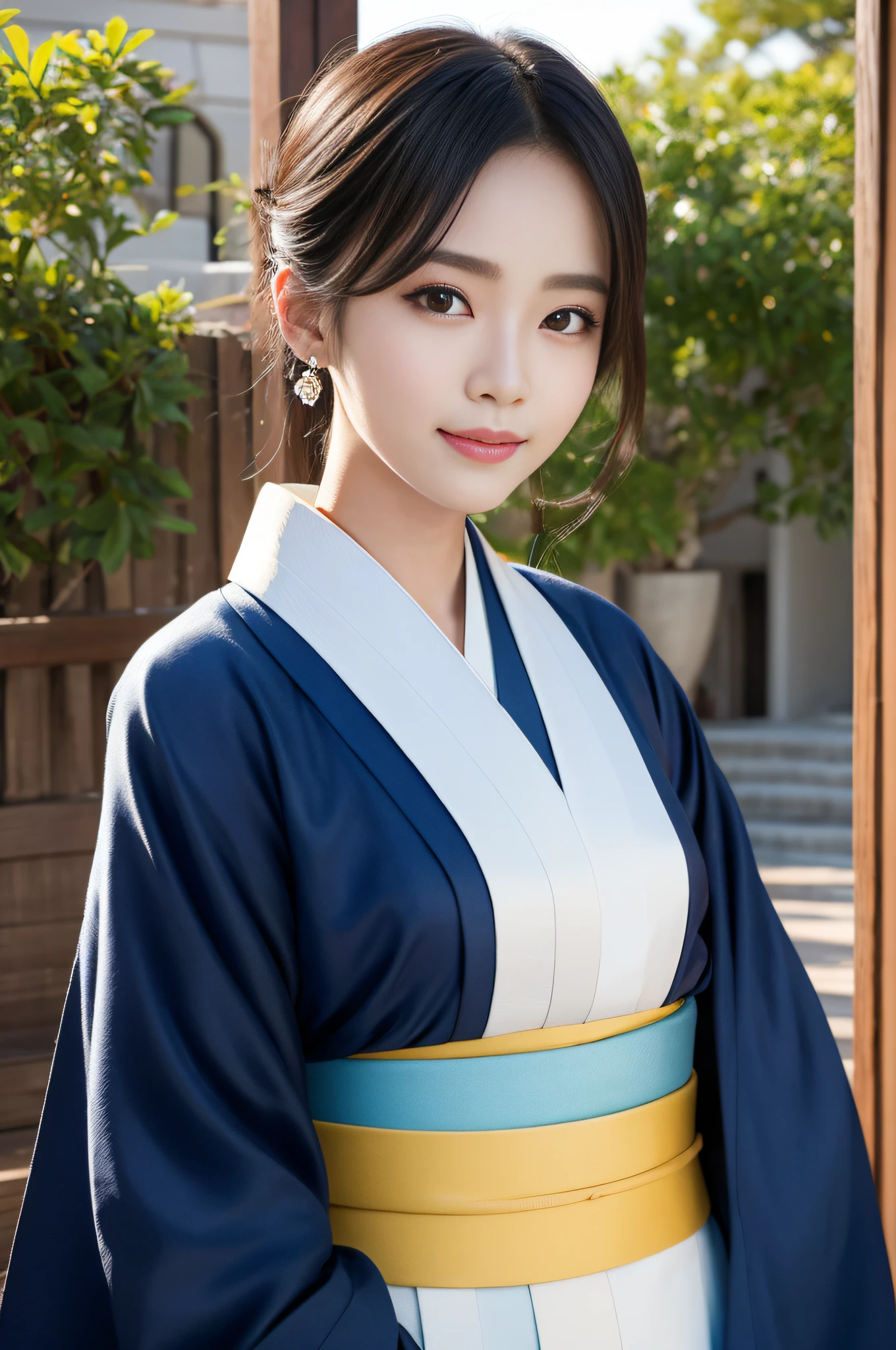 ((top-quality、8k masterpieces:1.3))、foco nítido:1.2、(ultra beautiful faces:1.0)、(Slender Abs Beauty:1.0)、(shinny skin:1.0)、photos realistic、A dark-haired、Video Lighting、High-definition eyes and face、Video Lighting、(cowboy shot:1.3)、(Kimono、Hakama、Obi:1.4)、(Korean Cute Actress)、Traditional kimono、from the front side、medium large breasts、A slight smile