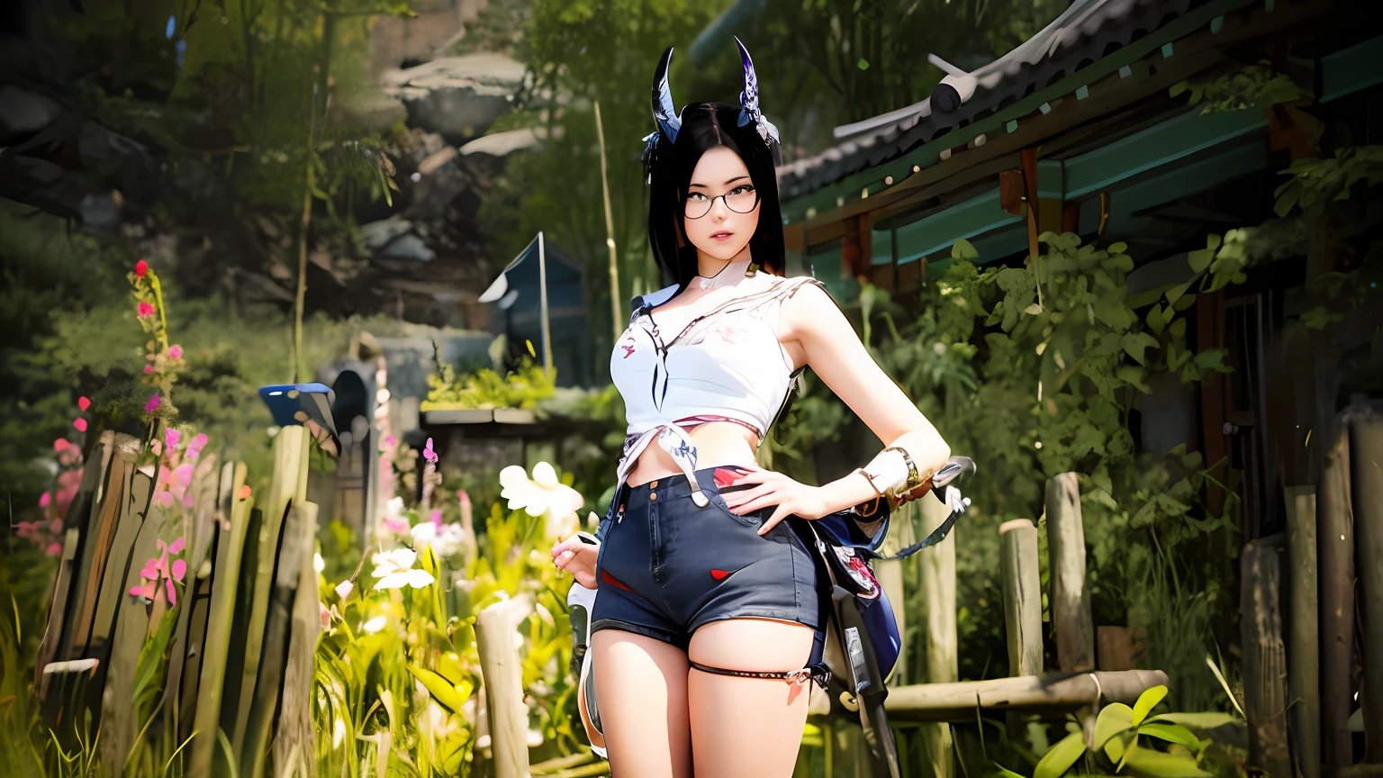 There is a woman in short shorts with a white top, usando chifres, posando para uma foto, inspirado em Leng Mei, blade and soul, inspirado por Li Mei-shu, Personagem de videogame Katana Zero, com rabo-de-porco preto, menina treinador do inseto, Dicas de Yayoi Kasuma, <Cena MMORPGS, como personagem em tekken, inspirado em Miao Fu --auto
