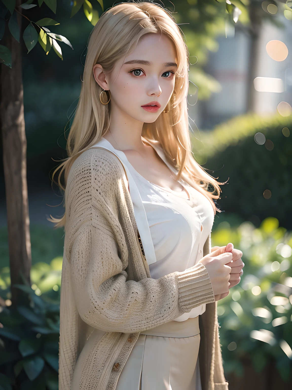 beautiful photograph (N4T3 mm:0.99), A 20-year-old woman, Full body photo，Long light blonde hair, Cardigan Fir, beige gauze skirt，In the daytime (Masterpiece:1.2) (Photorealistic:1.2) (Bokeh) (Best quality) (Detailed skin:1.2) (Intricate details) (In the daytime) (8K) (hdr) (Cinematic lighting) (Sharp focus), (Looking at the camera:1.1), ((closeup portrait:1.2)), (Earrings)