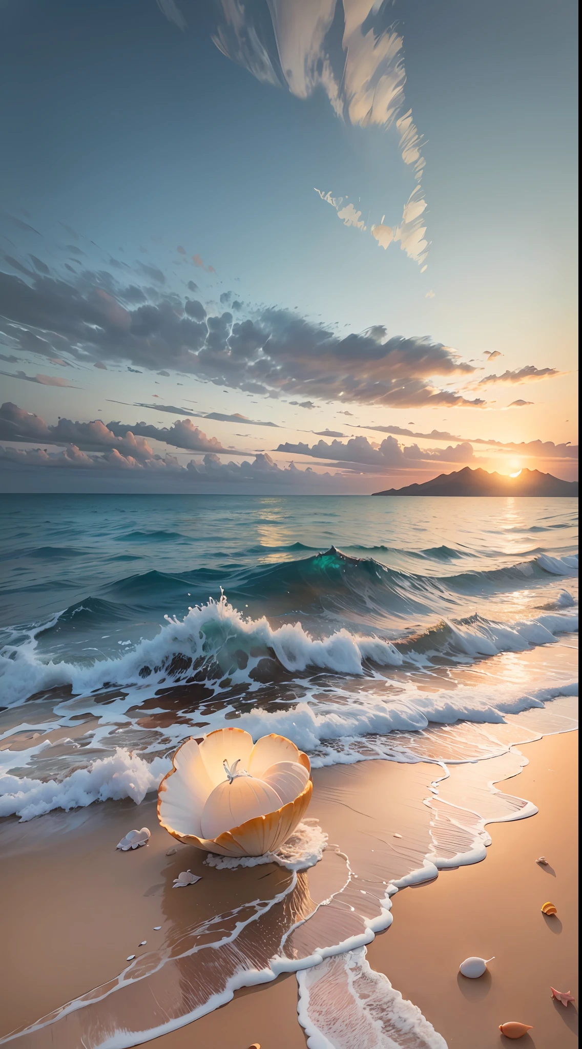 You are challenged to create a realistic image of a shell on the edge of the sea, on a beautiful beach with a lush landscape. The shell is white in color with a soft sheen and contains a delicate pearl inside. The crystal clear sea water is gently touching the shell, enveloping it with white foams and small drops of water. The sun is setting on the horizon, painting the sky with orange and gold hues, while its reflections shine on the surface of the sea. The beach is composed of fine, clear sand, decorated with shells and small waves crumbling into the sand. The surrounding landscape is lush, with coconut trees, tropical plants and distant mountains. Create an image that captures the serenity, natural beauty and harmony between the shell, the pearl, the sea and the beach, in a magical scene in the late afternoon." --auto --s2