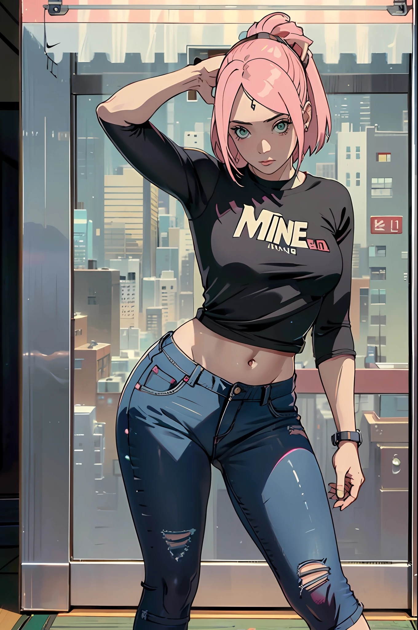 Sakura Haruno, muito sensual, com roupas de funkeira, brasileira, rio de janeiro, dancing funk, rebolando, bunda grande, pernas grossas, usando um short jeans extremamente curto, usando uma mini blusa, umbigo com pirsing, sneakers Nike, cabelo grande, Speaker behind, corpo inteiro, muito realista, extremamente sexy, 8k, 8k extremamente detalhado), (um extremamente delicado e bonito), (obra-prima), (melhor qualidade: 1.0), (ultra highres:1.0)