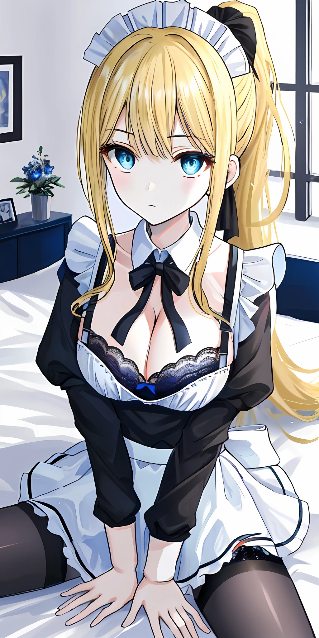 Blonde girl sitting on bed in single ponytail，spread their legs，blue color eyes，Wearing a maid outfit，Big chest，Deep cleavage，The hand lifted the skirt and leaked out the panties，Black suspender stockings，Black bra，Black panty，The expression is cold