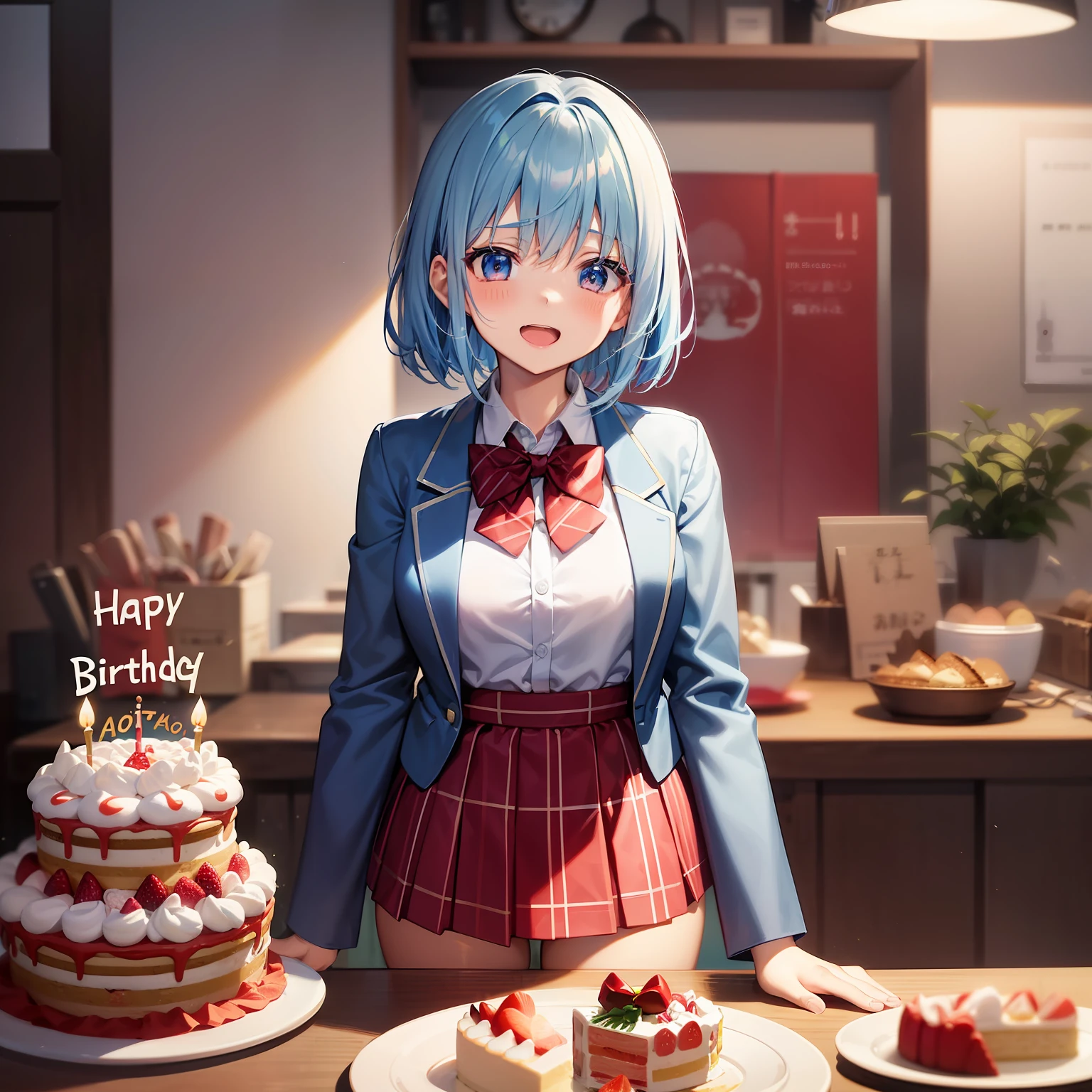 Aoi_Fukayuki、1 girl in、anime styled、full body Esbian、(blue hairs)、shorth hair、Shy laughter、red tide、blue eyess、blazers、、(Plain white shirt)、(red bowtie)、(Red checked skirt)、(Black stockings)、Absolute area、hightquality、best qualtiy、emphasizing thighs、to stand、Birthday Cake、chandelle、ignite、birthday celebration