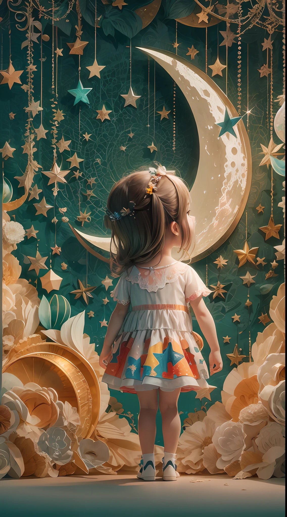 illustration: 1.3), paper art, 3D rendering of, Colorful background, （cute female child: 1.3), (Masterpiece star: 1.2) (Masterpiece Moon: 1.2), Colorful, Best quality, Detailed details, Masterpiece, offcial art, movie light effect, 4K, Chiaroscuro , Flash