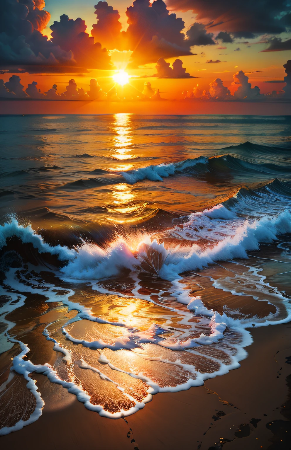 An absolutely mesmerizing sunset over the beach, with a blend of oranges, pinks, and yellows filling the sky. Crystal-clear waters of the sea gently kissing the shore, with sandy white beach stretching far and wide. The scene is dynamic and breathtaking, with seagulls soaring high in the sky and gently swaying palm trees. Take in the calming atmosphere and let the peacefulness wash over you.