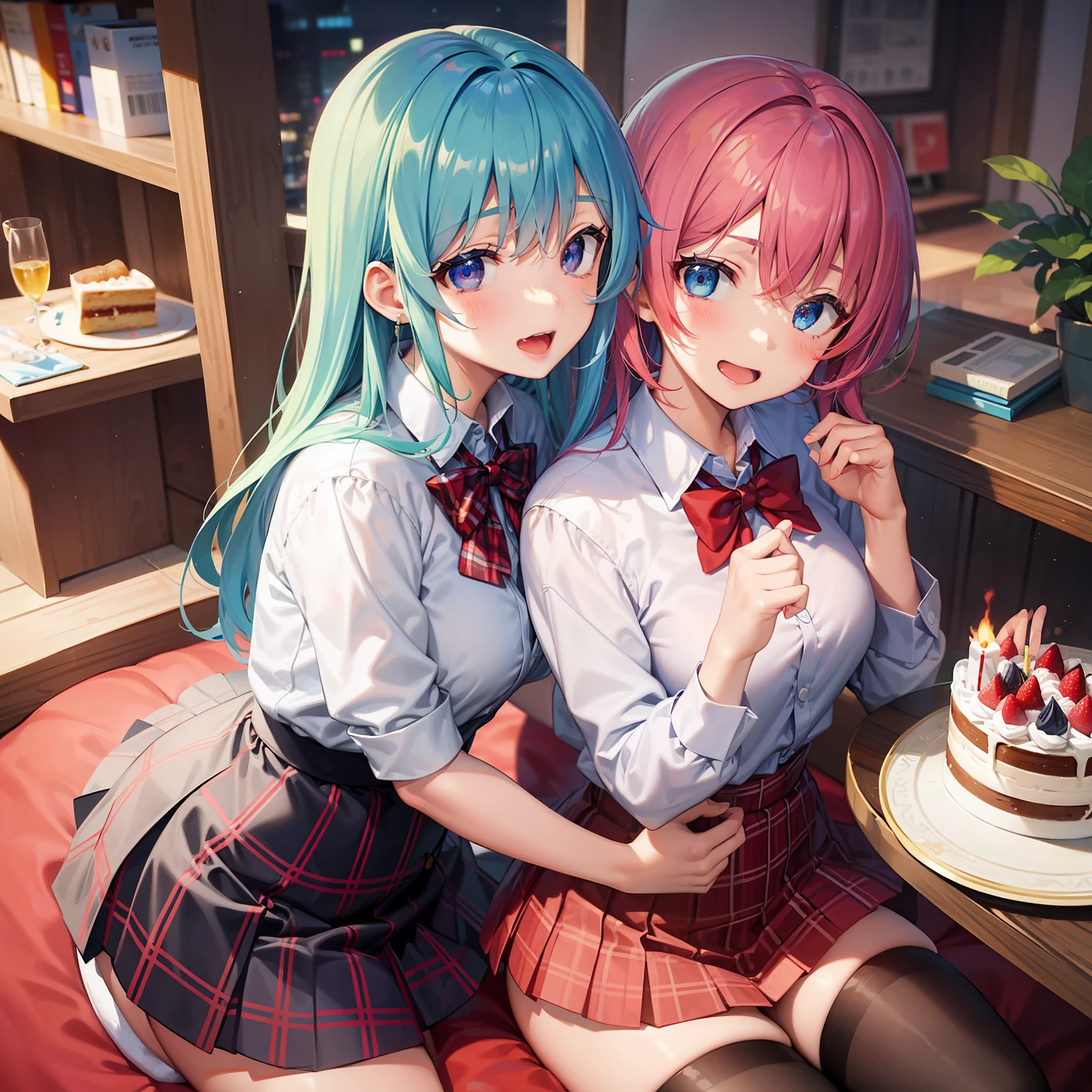 Aoi_Fukayuki、1 girl in、anime styled、full body Esbian、(blue hairs)、shorth hair、Shy laughter、red tide、blue eyess、blazers、、(Plain white shirt)、(red bowtie)、(Red checked skirt)、（Black stockings）、Absolute area、hightquality、best qualtiy、emphasizing thighs、to stand、Birthday Cake、chandelle、ignite、birthday celebration