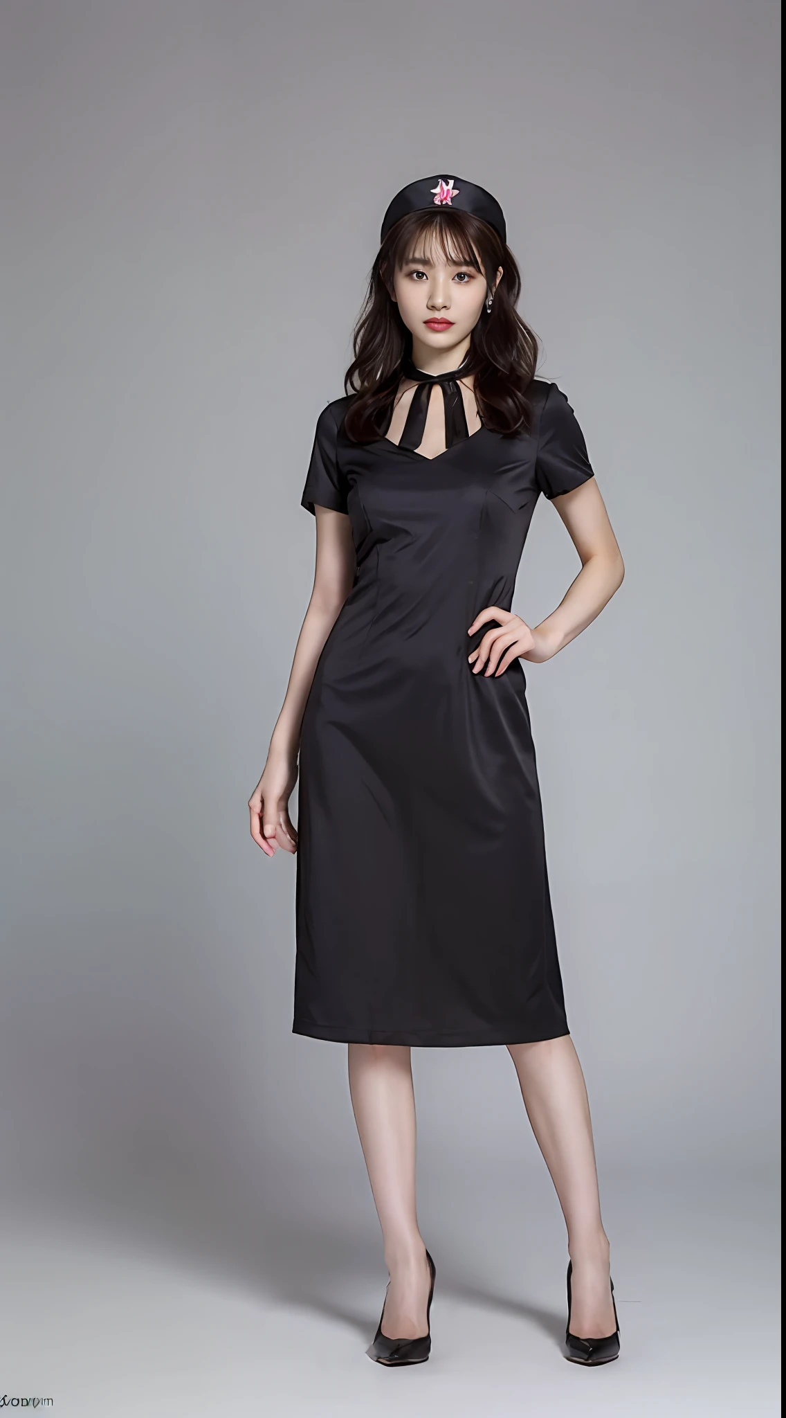 （best qualtiy，A high resolution，tmasterpiece：1.3），perfect bodies，a asian beauty，Slender abs，Dark brown hair in loose wavy styling，Huge breasts，wearing a choker，Nurse uniform top，wearing dresses，Nurse hat，Plain background，Beautifully rendered details in face and skin textures，Detailed eyes，二重まぶた，Full body standing photo，high-heels，Slender legs