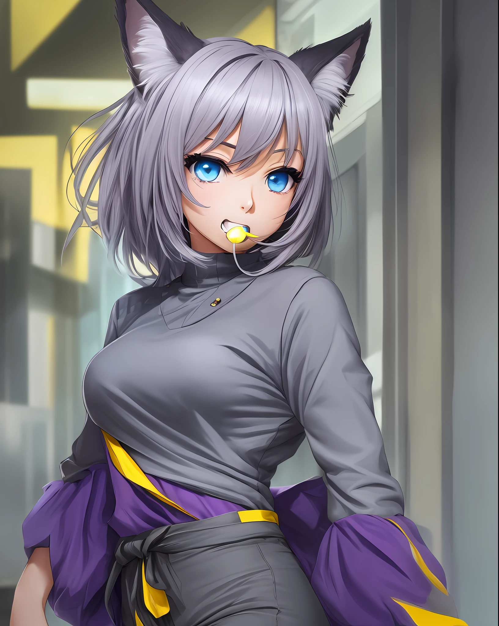 Anime, girl, woman, short black hair, grey fox ears, purple clip in the front of the hair, blue eyes, in the mouth the fang on the left side stands out, a grey fox tail with a white tip, thin body without much chest, cold blouse, blue sleeves and the rest grey, yellow shirt, legging trousers --auto --s2