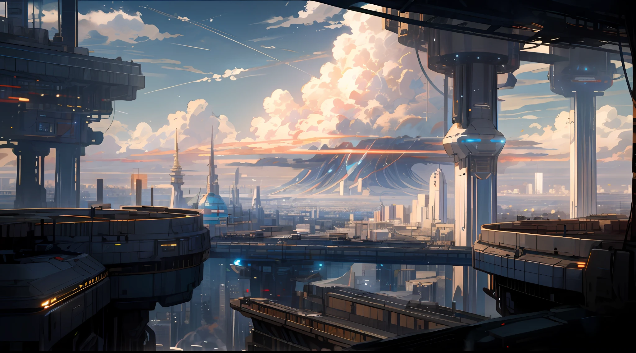 Skysky, Clouds, Glow, droid, buliding, sci-fy, Magnificent city of the future,Overlooking the city from a distance。