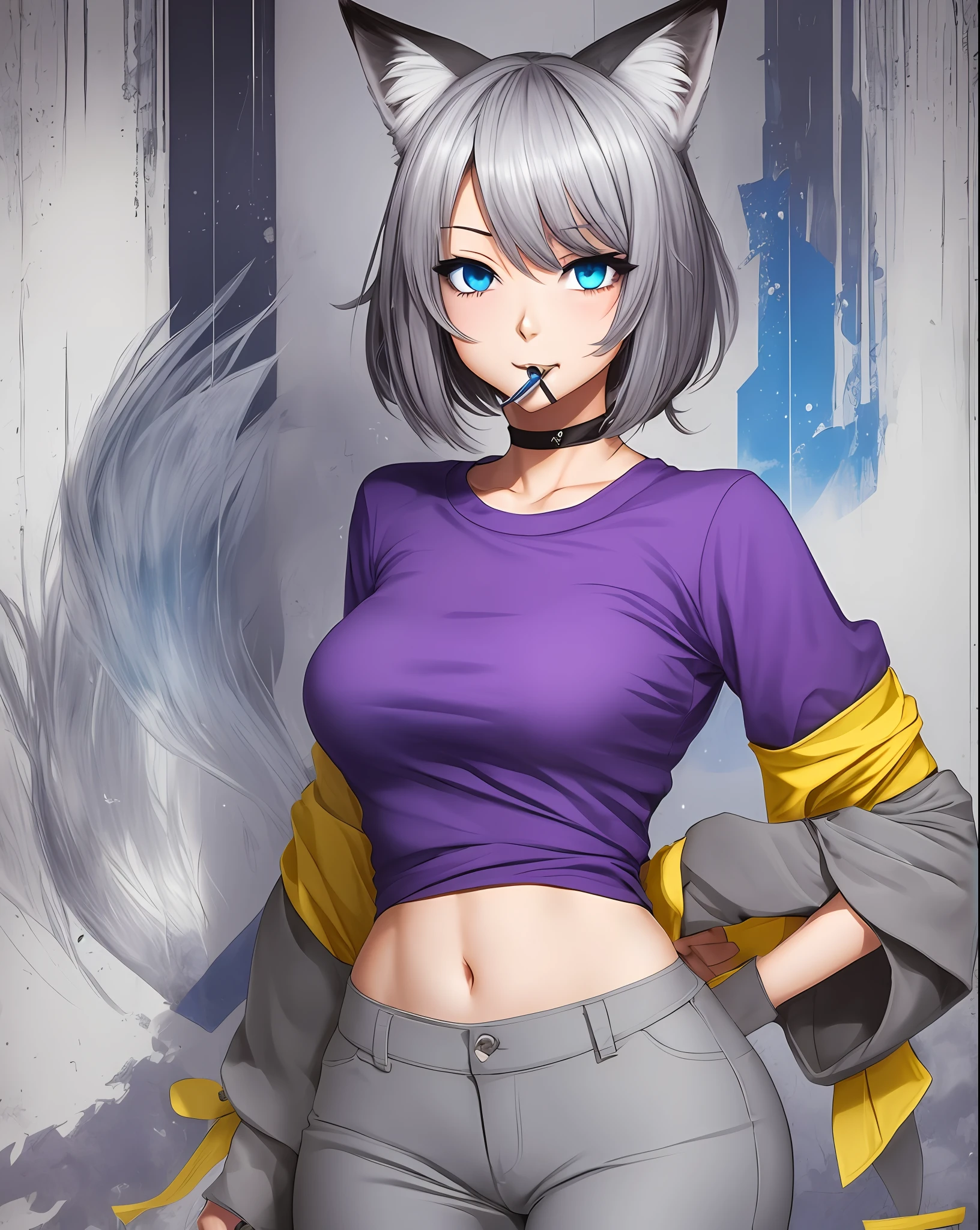 Anime, girl, woman, short black hair, grey fox ears, purple clip in the front of the hair, blue eyes, in the mouth the fang on the left side stands out, a grey fox tail with a white tip, thin body without much chest, cold blouse, blue sleeves and the rest grey, yellow shirt, legging trousers --auto --s2