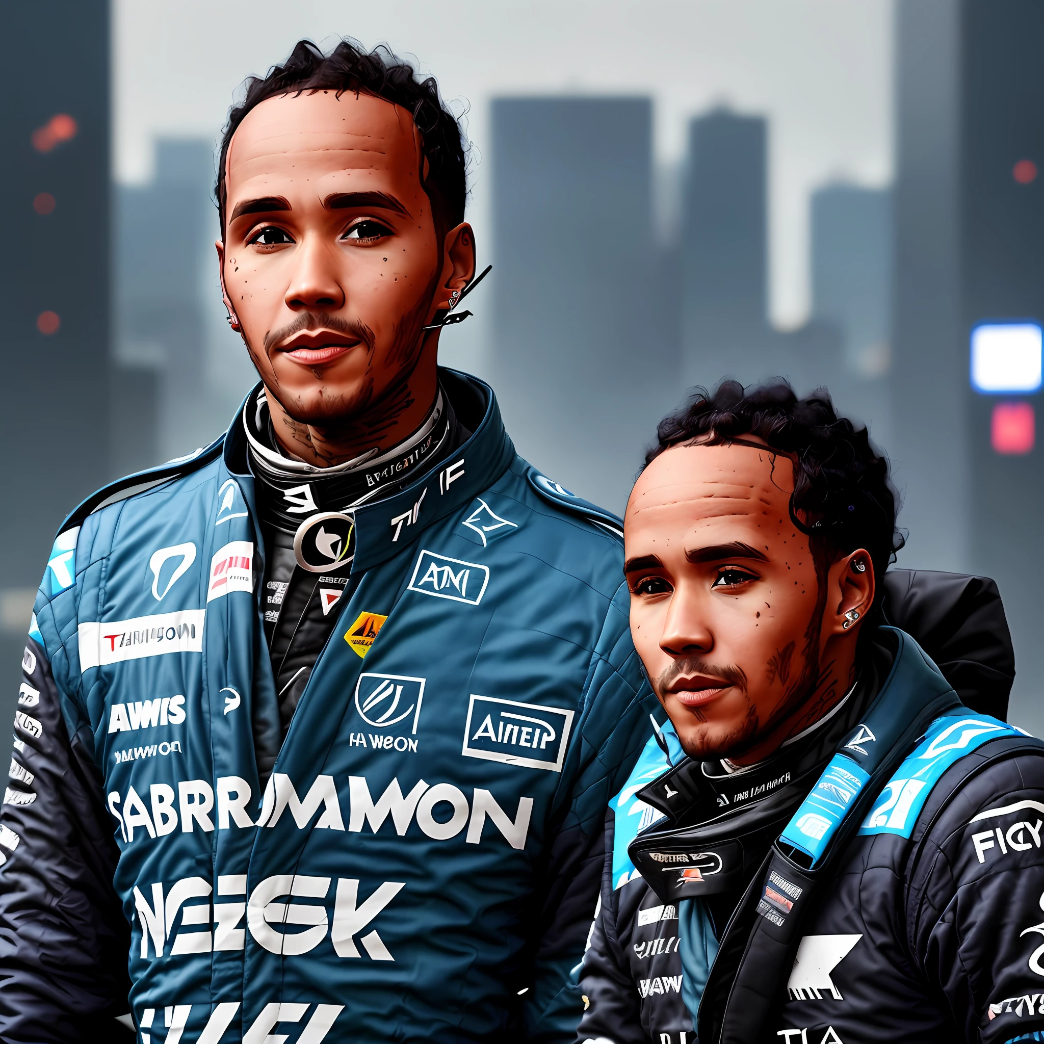 ((Portrait shot of F1 pilot Lewis Hamilton as a cyberpunk samurai warrior)), (holding a katana), ((detailed face)), (High Detail), Hyper Realistic Lights, handsome face, proper body proportions, cyberpunk settings with neon lights, rainy weather, technologically advanced, futuristic