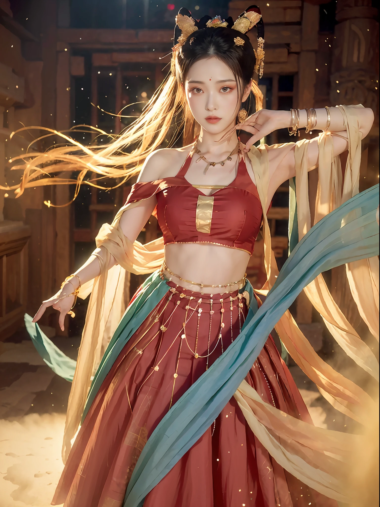 (8k, RAW photo, best quality, masterpiece:1.2), (realistic, photo-realistic:1.4), (extremely detailed CG unity 8k wallpaper), (1 girl:1.5), Western beauty, (Red clothes: 1.4), red spots on forehead, pale skin, blush, big eyes, full body, thighs, open navel, gold waist chain, gold jewelry, flying ribbons, particles, background is Loulan ancient city, ancient city wall, desert, dance, dunhuang_dress, dunhuang_style,