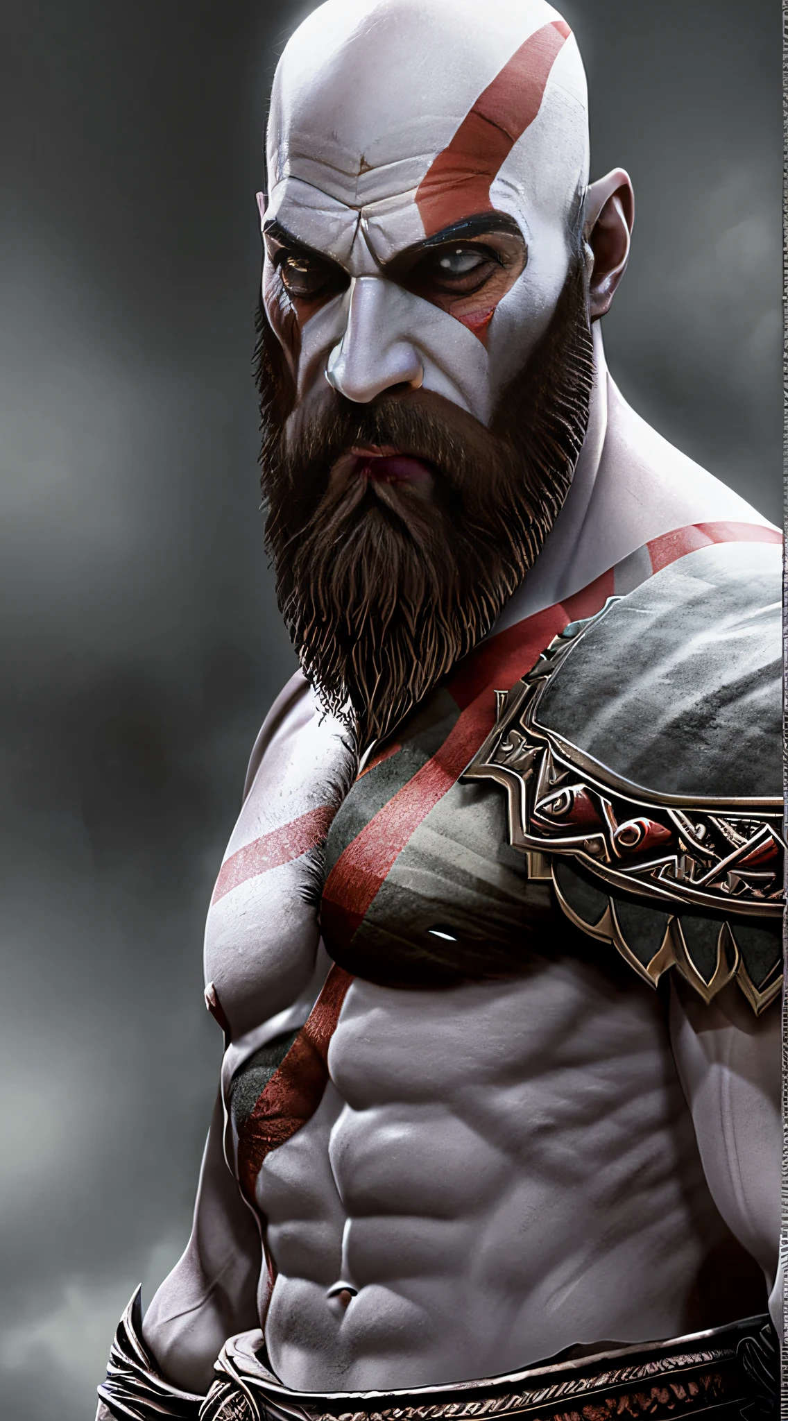 kratos God of War 2005, Foto realista, perfil, careca, barbicha