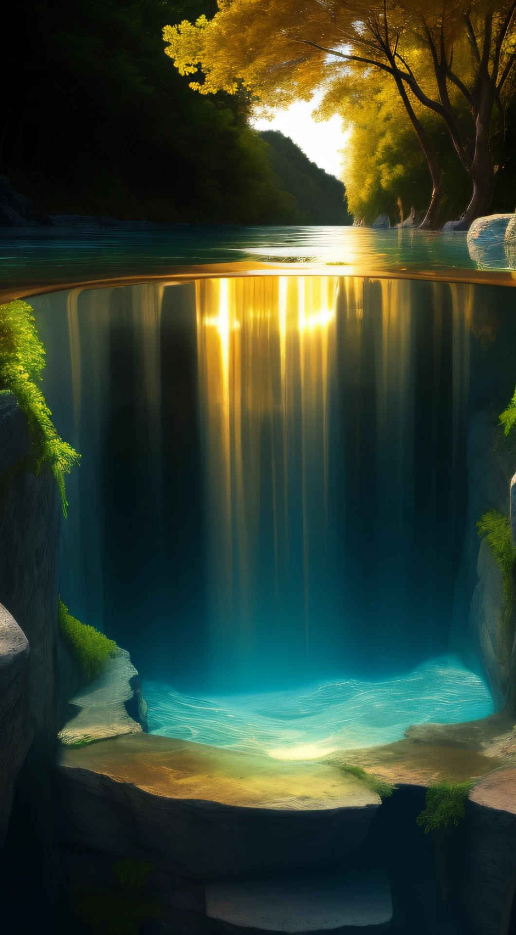 Deep pools,Abyss,prison,A golden, rich and dangerous earth,The pool extends into a transparent stream that emits a golden glow --auto