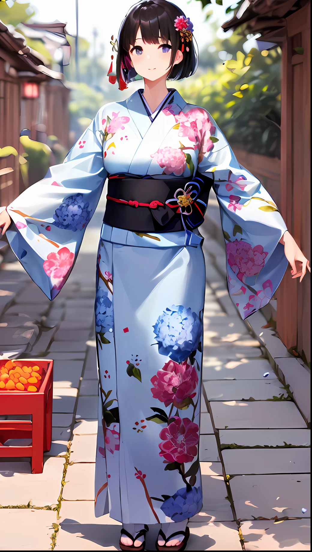 (Very Wide Shot:2)、(((Full body)))、(((focus full body))、 top-quality、超A high resolution、the body is small、(((Left and right target poses)))、(((Raise both arms to an angle of 60°)))、Japanese Yukata、Long length、Multicolored patterns、appearance々Floral pattern in color、Fireworks pattern、Goldfish pattern、 Cotton fabric、woman wearing the kimono, classy yukata clothing, bath robe, Wearing a colorful yukata, Komono, Wearing kimono, in a kimono, けもの, wearing a haori, A Japanese style, japanese kimono, wearing royal kimono, traditional japanese, in a kimono、(((Hairstyle Short Bob)))、(((looking at viewer)))、