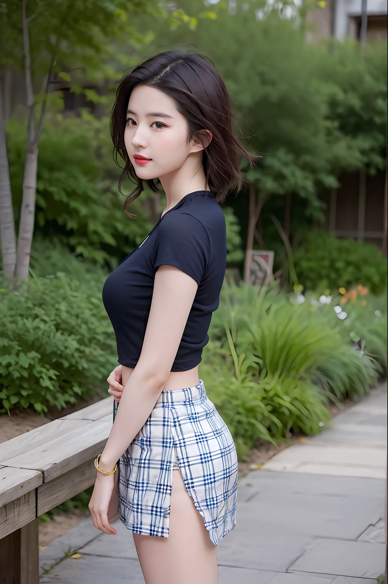 NSFW, 8K Raw photograph, best qualtiy, tmasterpiece, 超高分辨率, filmgrain, cinematic ligh, 1girll, looking at viewert, Natural skin texture, Realistic Eyes and Face Details, full pouty lips, lipsticks, (putting makeup on), Red eyeshadow, Short fluffy hair, messy hair, ssmile, Keep one's mouth shut, beautifullegs, Tall women, being thin, Slim_Legs, 独奏, , Pose with your hips facing you, Superskirt, hindquarters, The shirt, Beautiful natural location, Location of flowers around, (detailedbackground), Plaid skirts, Pocket shirt, gigantic cleavage breasts,, Show a little through the shirt, Loafer shoes, vague background, bblurry, halter, tartan, short- sleeved, JK ribbon around the neck, JK ribbon, brown hair, bangle, Eau, By bangs, 校服, jewely, parted lip, cparted lips, From the side Side, pleatedskirt, depth of fields,beachside
