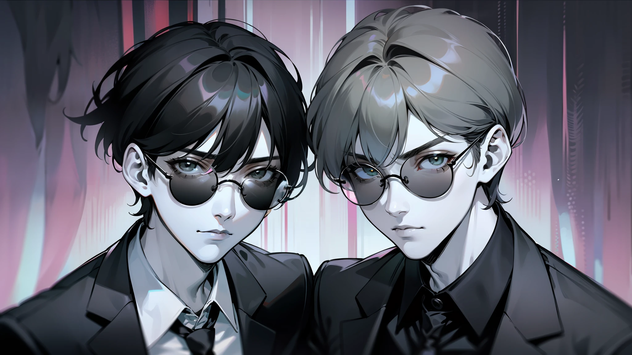 Dos hombres con gafas de sol negras en la cara, ambos en pose espejo (cada uno apoyandose en sus espaldas), Hyungwon lleva blazer color negro, Shownu blazer negro, camisa de cuello alto negro, oficial, imagen detallada,