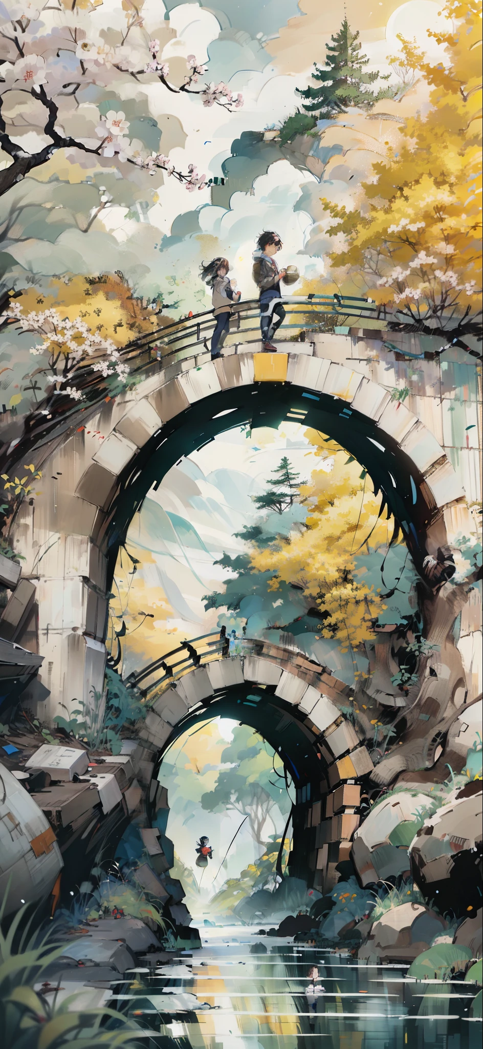 In the picture is a large osmanthus tree,Several boys, Take a walk under several osmanthus trees,Holding a bottle of fine wine in his hand。The osmanthus trees are full of fragrant osmanthus flowers,The scent of blossoms perfumes the air。The boys had smiles on their faces,He walked energetically on the path under flowers and trees,Wine in hand。The sun shines on him through the leaves,with blue sky and white clouds,Sunny,8K
