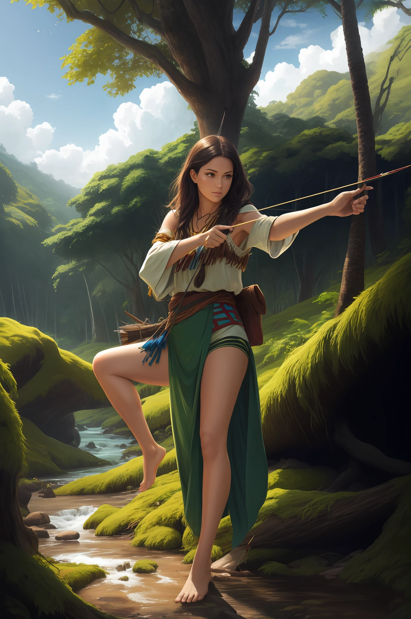 (digitial painting),(best qualtiy),Close-up of a beautiful woman,(((Draw a bow and shoot arrows))),Primitive tribal dress-up,Wear a hula skirt,Deerskin chest,Barefoot,Carry an arrow bag,In tropical primeval forests,Green moss in the background,Small rivers,grape trees,Huge trees,Cover the sky,Fallen trees,8K hyper-realism,Strong color scheme,gentle illumination, prime time, Enigmatic Atmosphere, --auto
