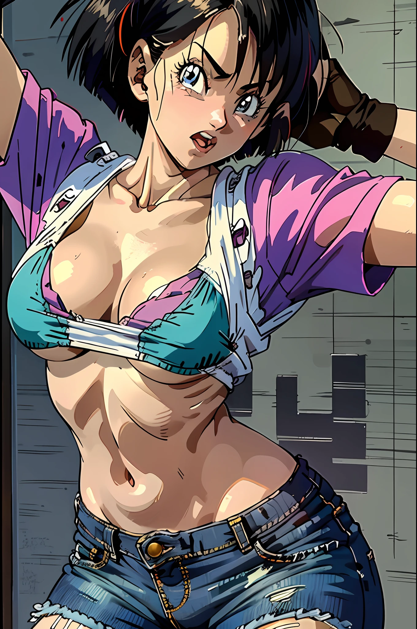 Videl, muito sensual, com roupas de funkeira, brasileira, rio de janeiro, dancing funk, rebolando, bunda grande, pernas grossas, usando um short jeans extremamente curto, usando uma mini blusa, umbigo com pirsing, sneakers Nike, cabelo grande, Speaker behind, corpo inteiro, muito realista, extremamente sexy, 8k, 8k extremamente detalhado), (um extremamente delicado e bonito), (obra-prima), (melhor qualidade: 1.0), (ultra highres:1.0)